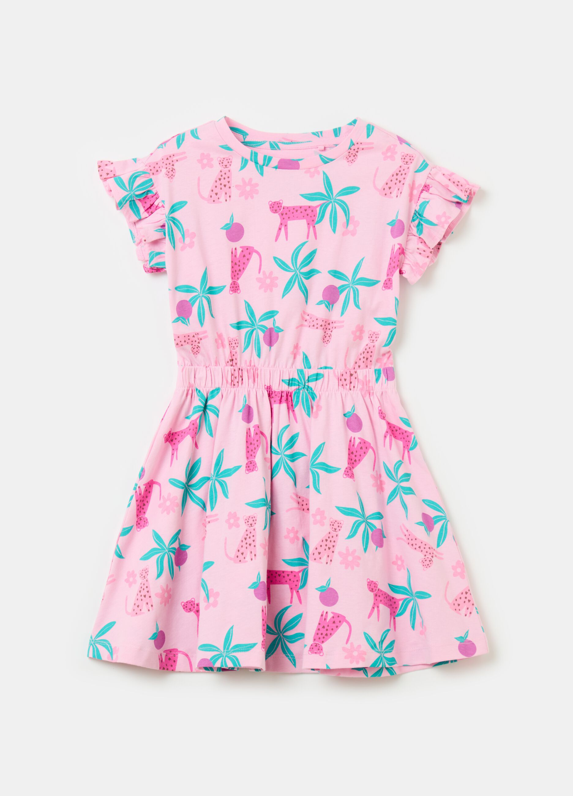Cotton dress with frills and print