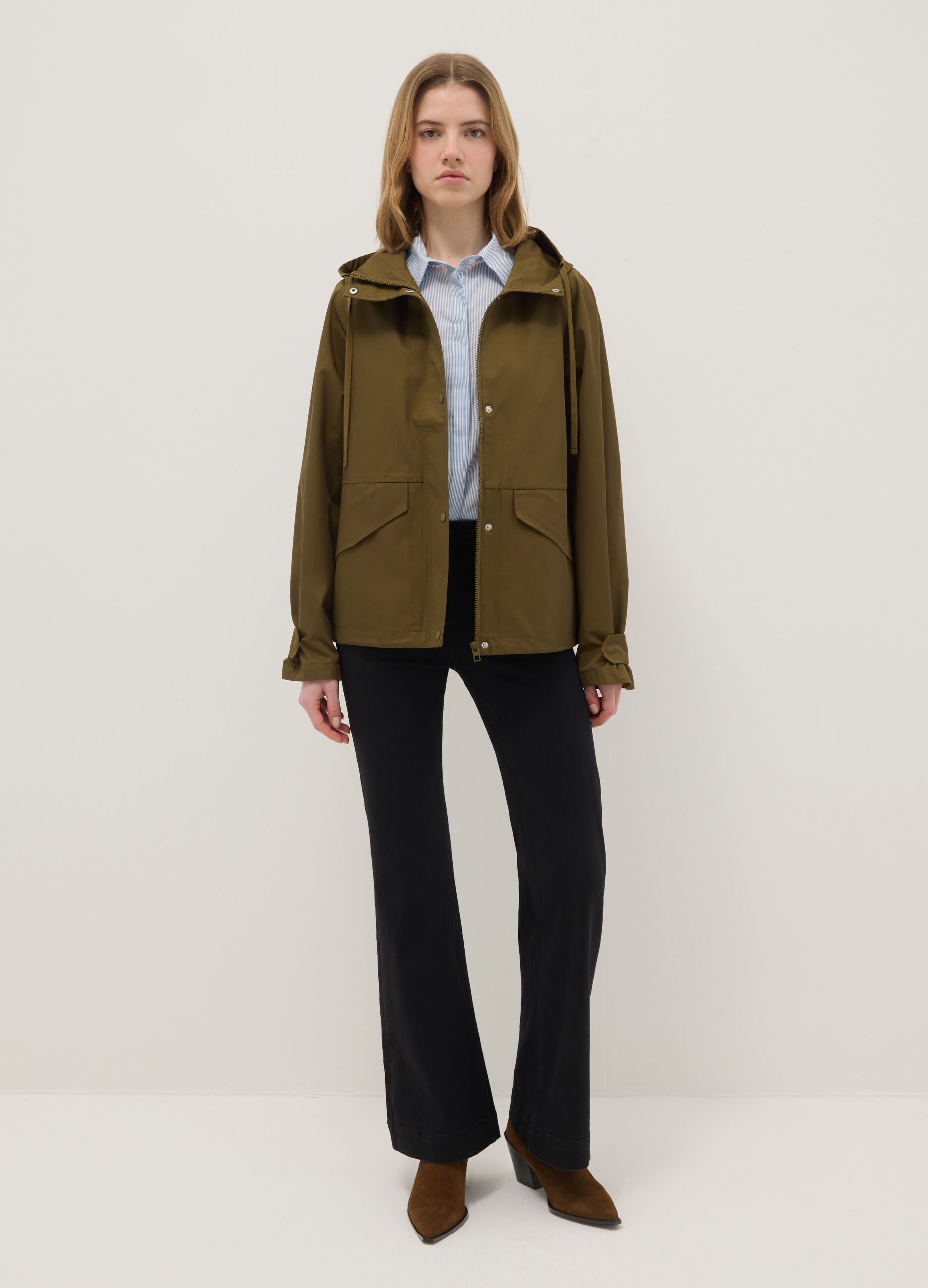 Green cotton blend regular fit jacket with zip and hood