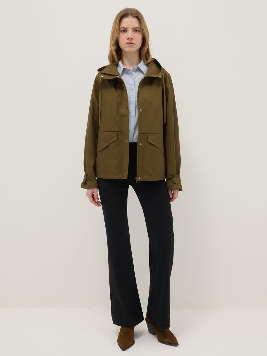 Green cotton blend regular fit jacket with zip and hood_1