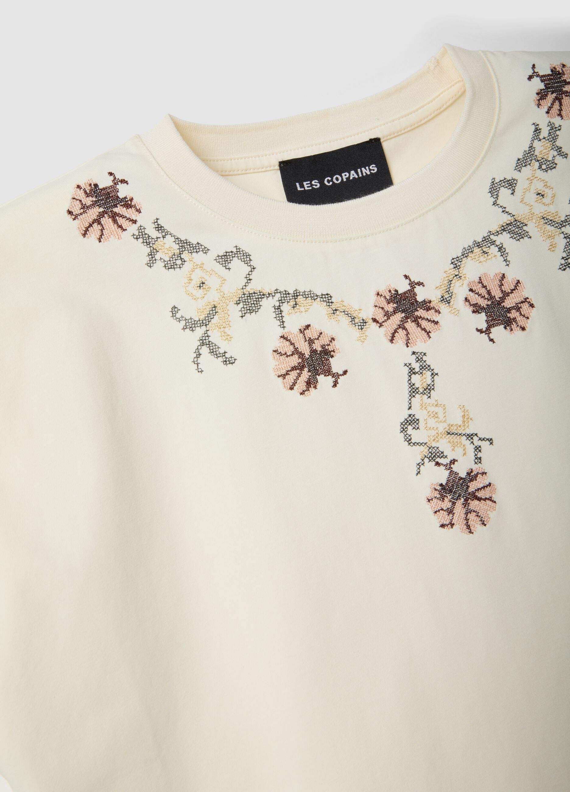 Sleeveless white cotton blend regular fit t-shirt with embroidery