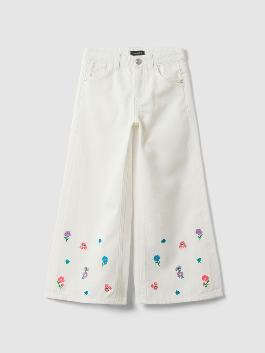 Girls' Wide Leg Pure Cotton White Trousers with Flowers_0