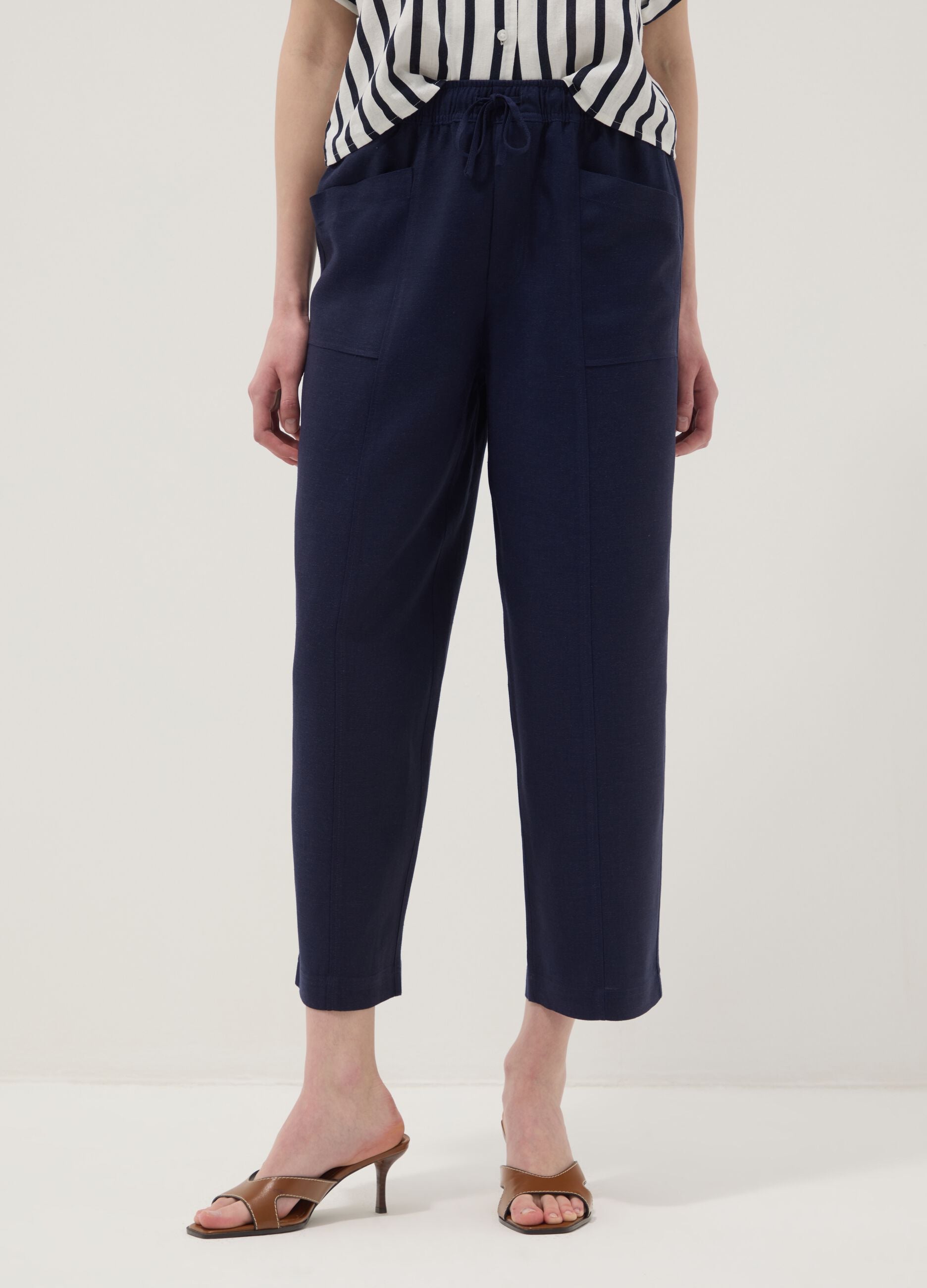 Blue viscose and linen blend straight-leg trousers with drawstring