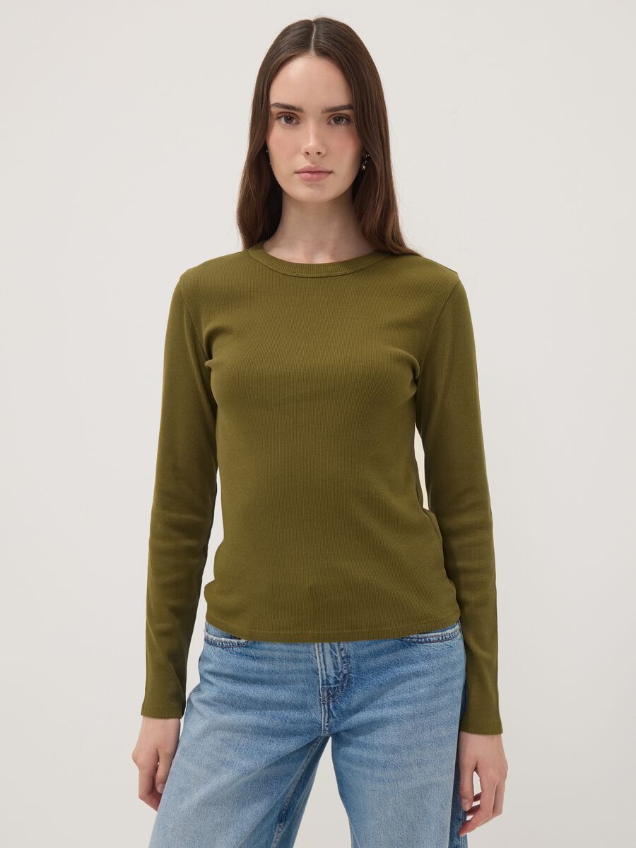 Green long-sleeved pure cotton T-shirt_0