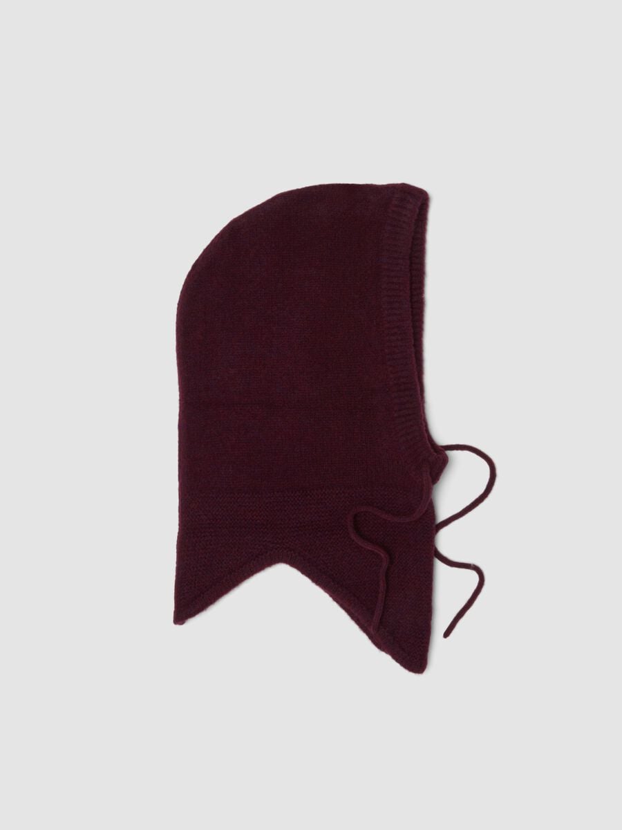 Burgundy stretch wool hood with tie cords_0