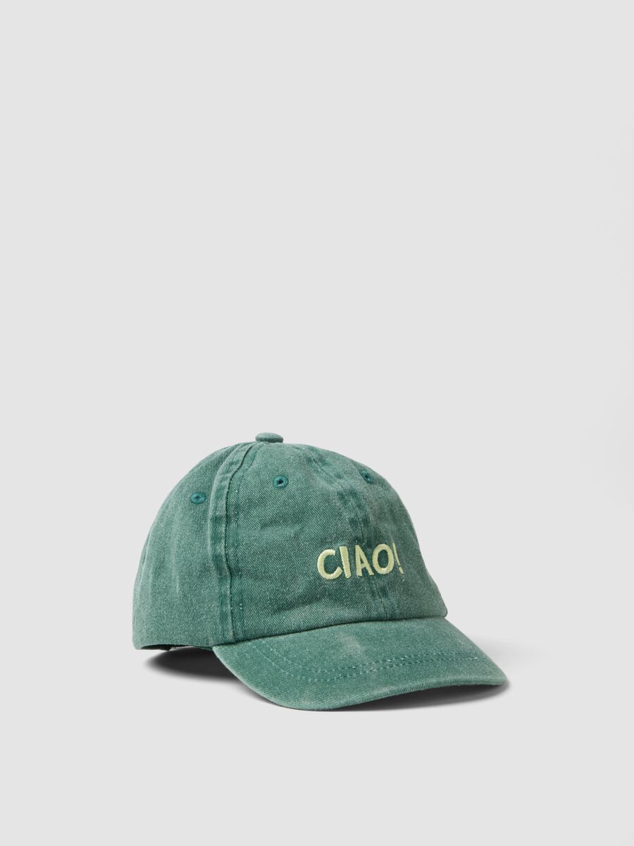 Green pure cotton kids&rsquo; baseball cap with slogan embroidery_0