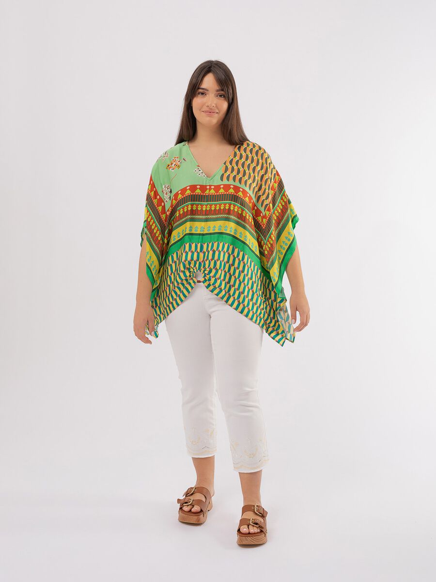 Curvy poncho with ring and multicoloured print_0