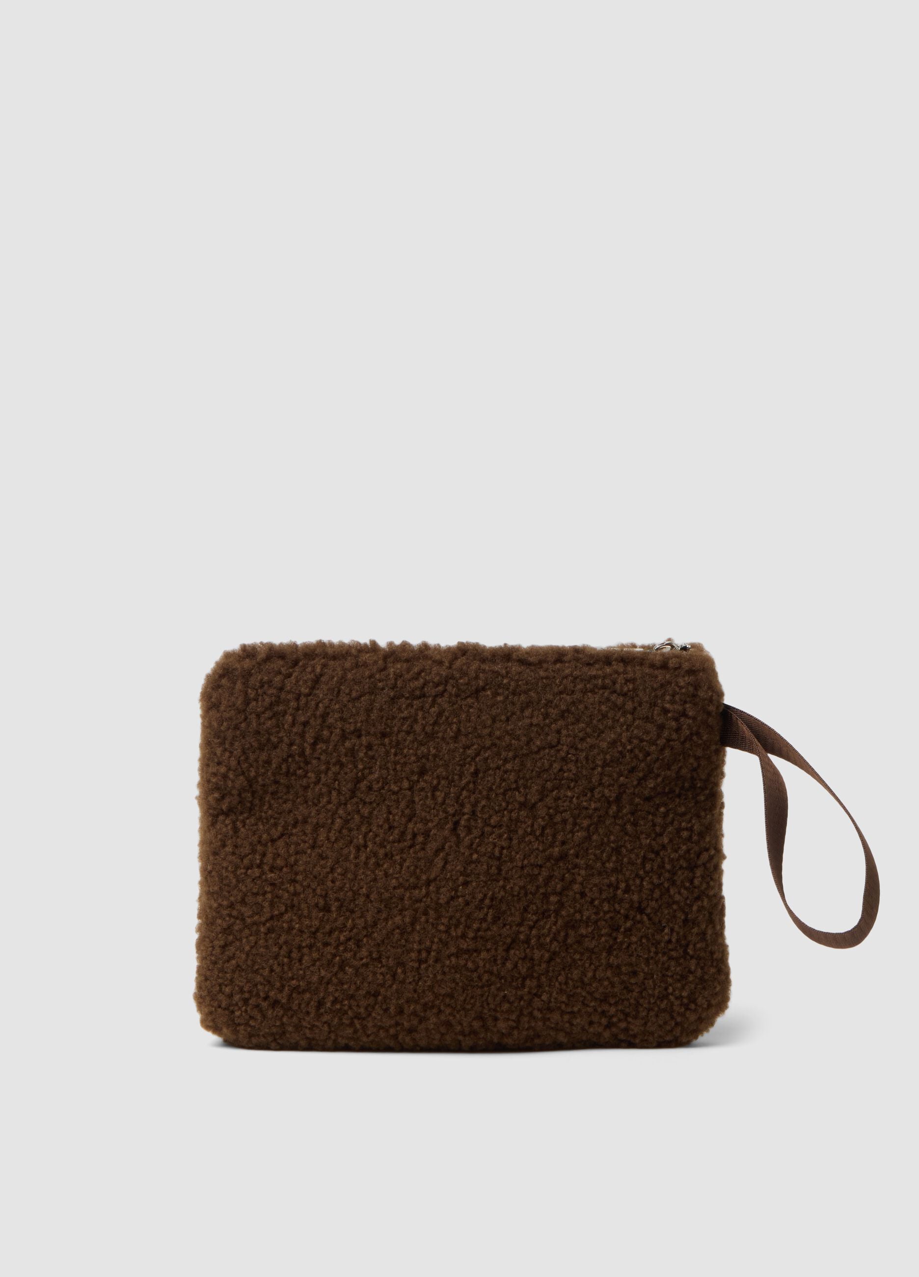 Brown wristlet pouch with zip and teddy effect