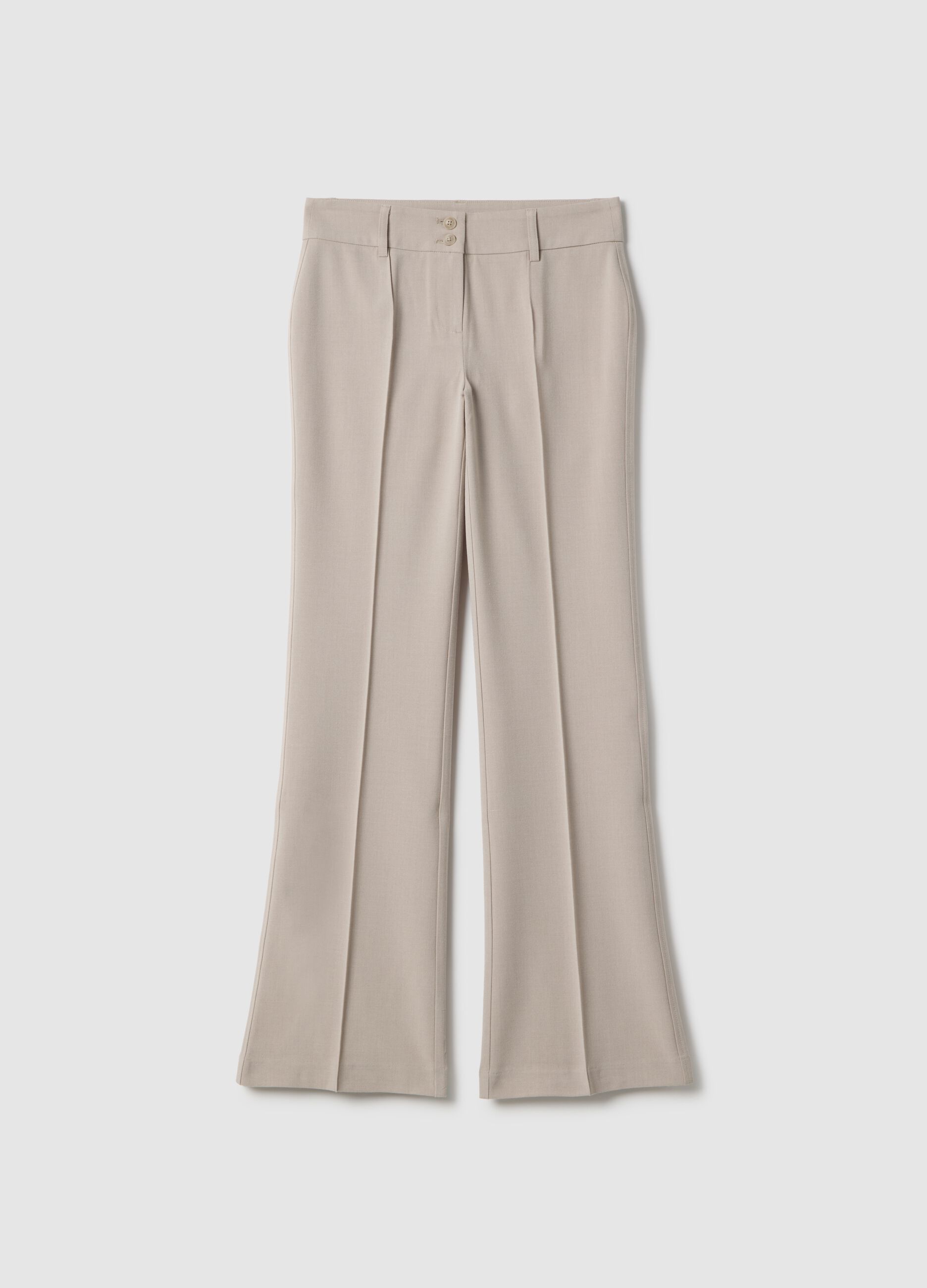 Beige stretch fabric flare fit trousers