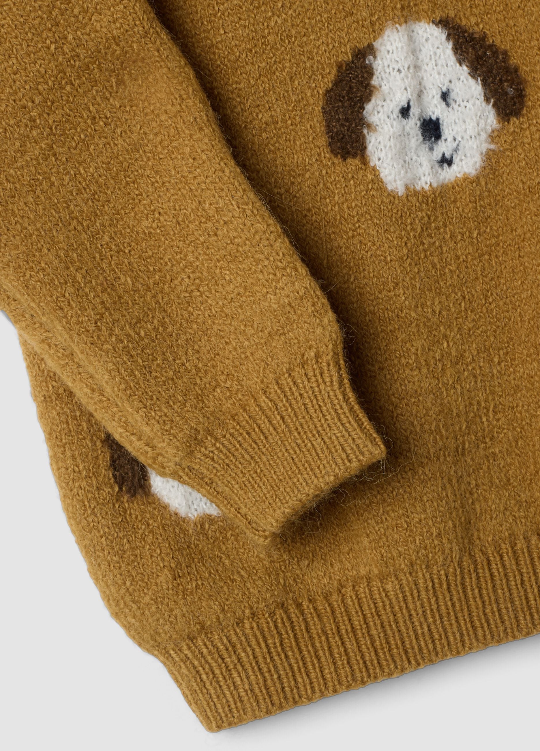 Maglione marrone girocollo jacquard con cagnolini