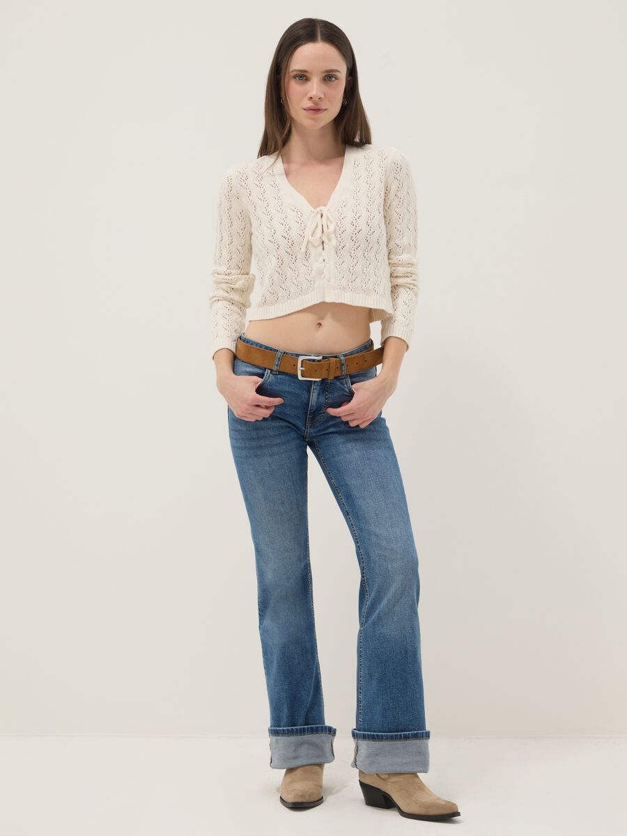 Regular fit beige pure cotton cardigan with perforated design_2