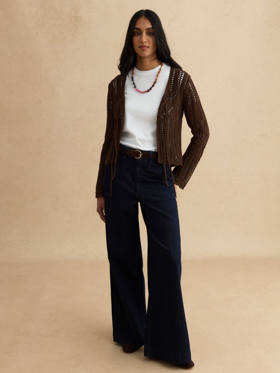 Brown pure cotton regular fit deep V openwork cardigan_1