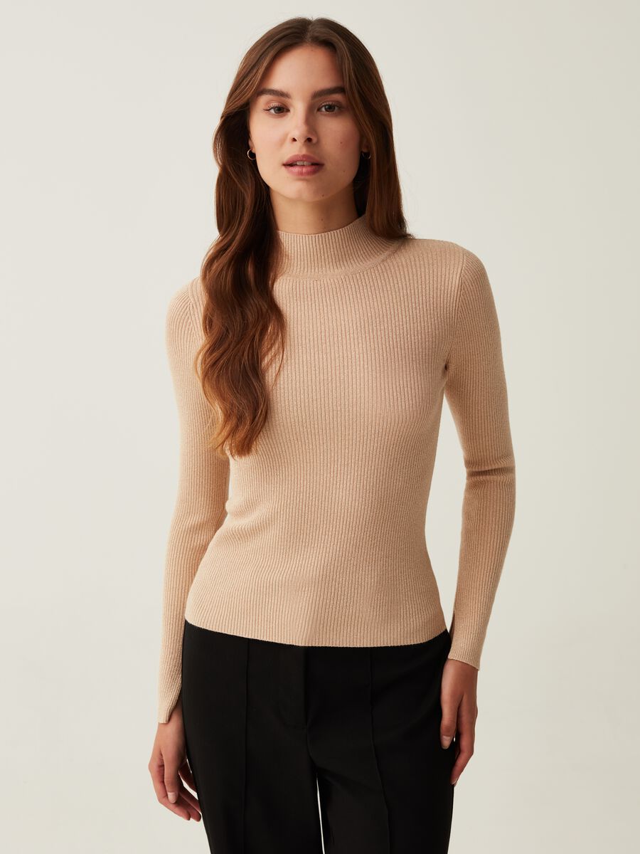 Ribbed lurex top with mock neck_0