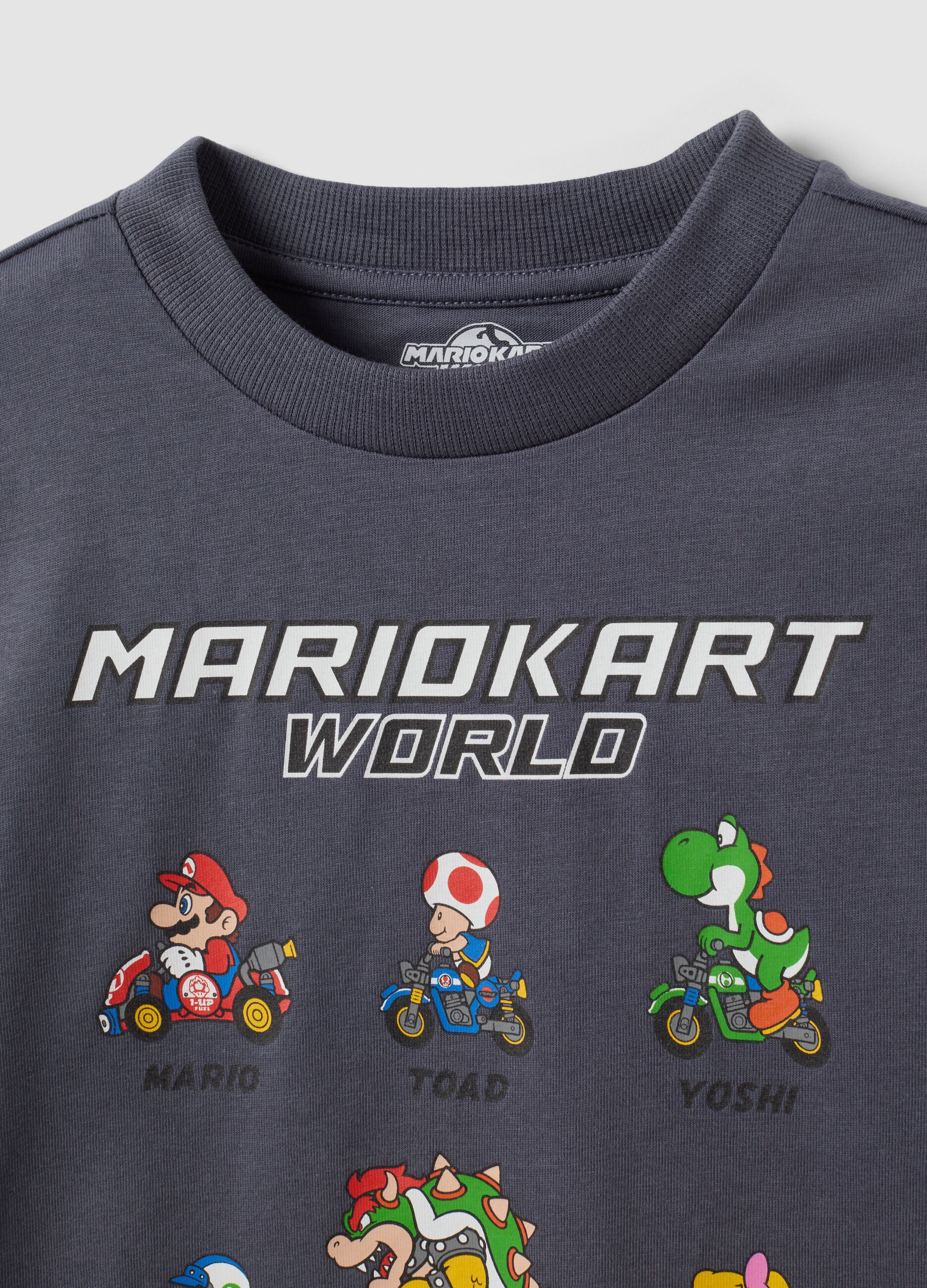 T-shirt grigia in puro cotone con girocollo stampa Mario Kart