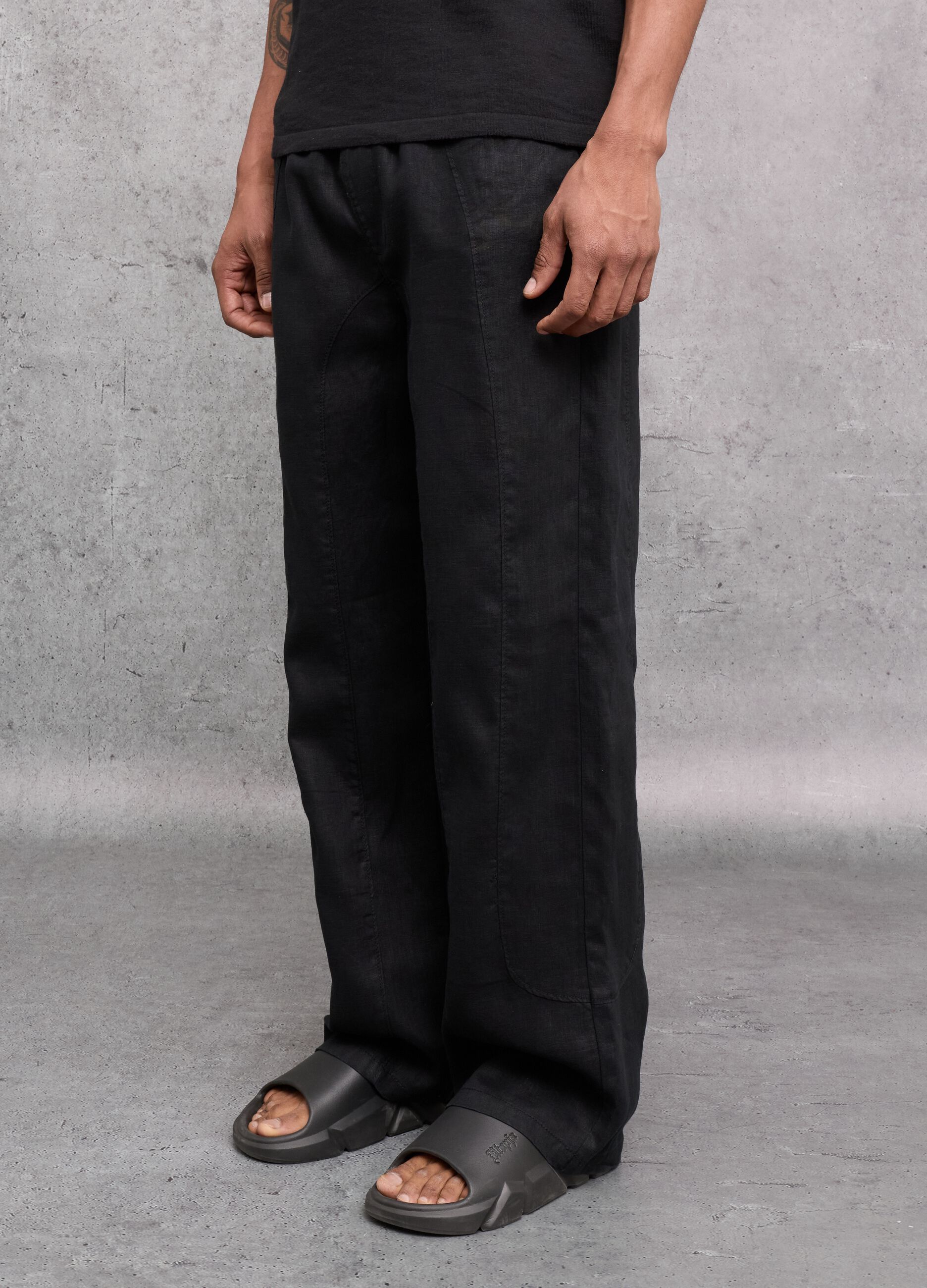 100% Linen Wide-Leg Trousers Black