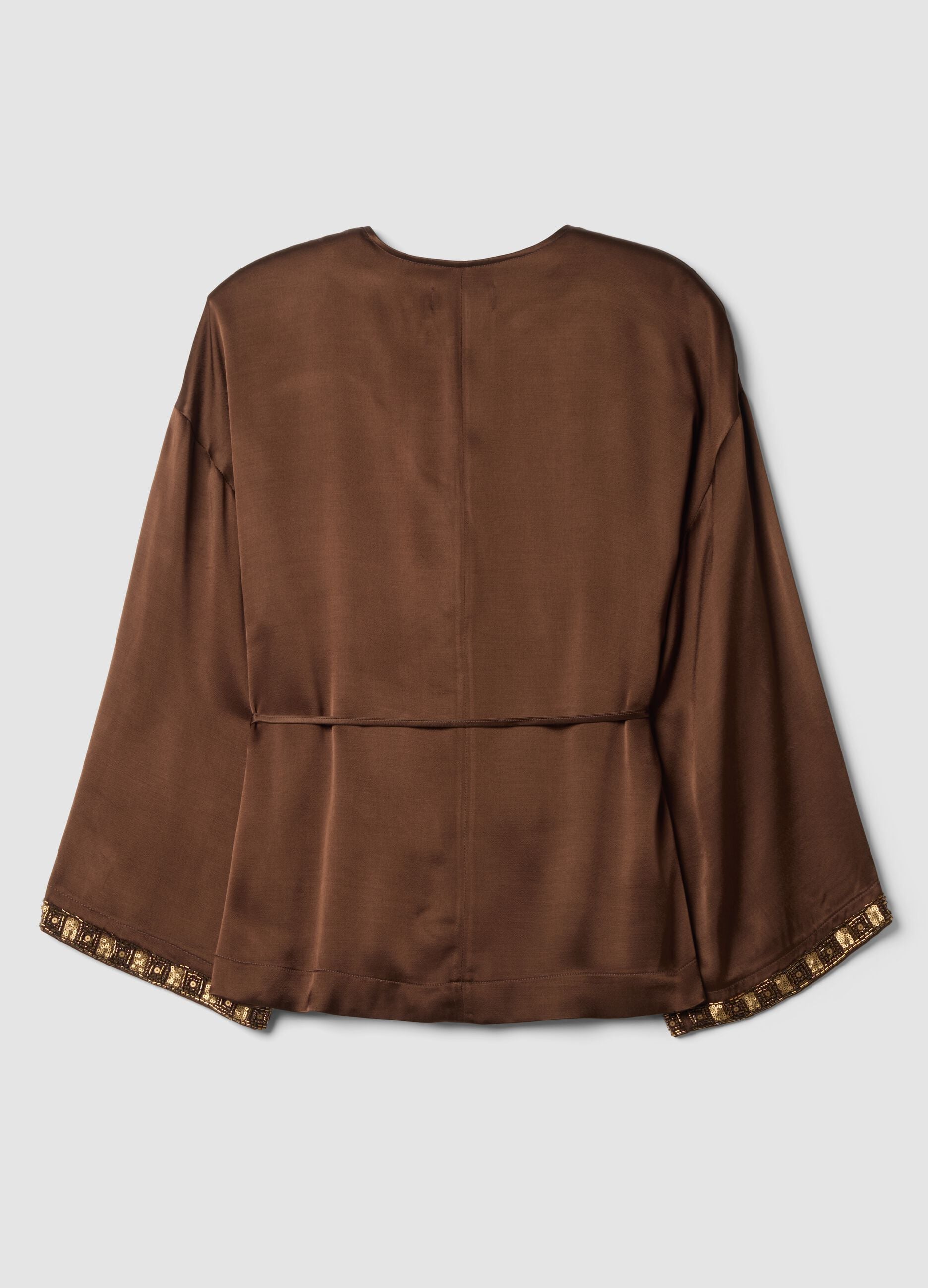 Brauner Kimono-Blazer aus reiner Viskose mit G&uuml;rtel