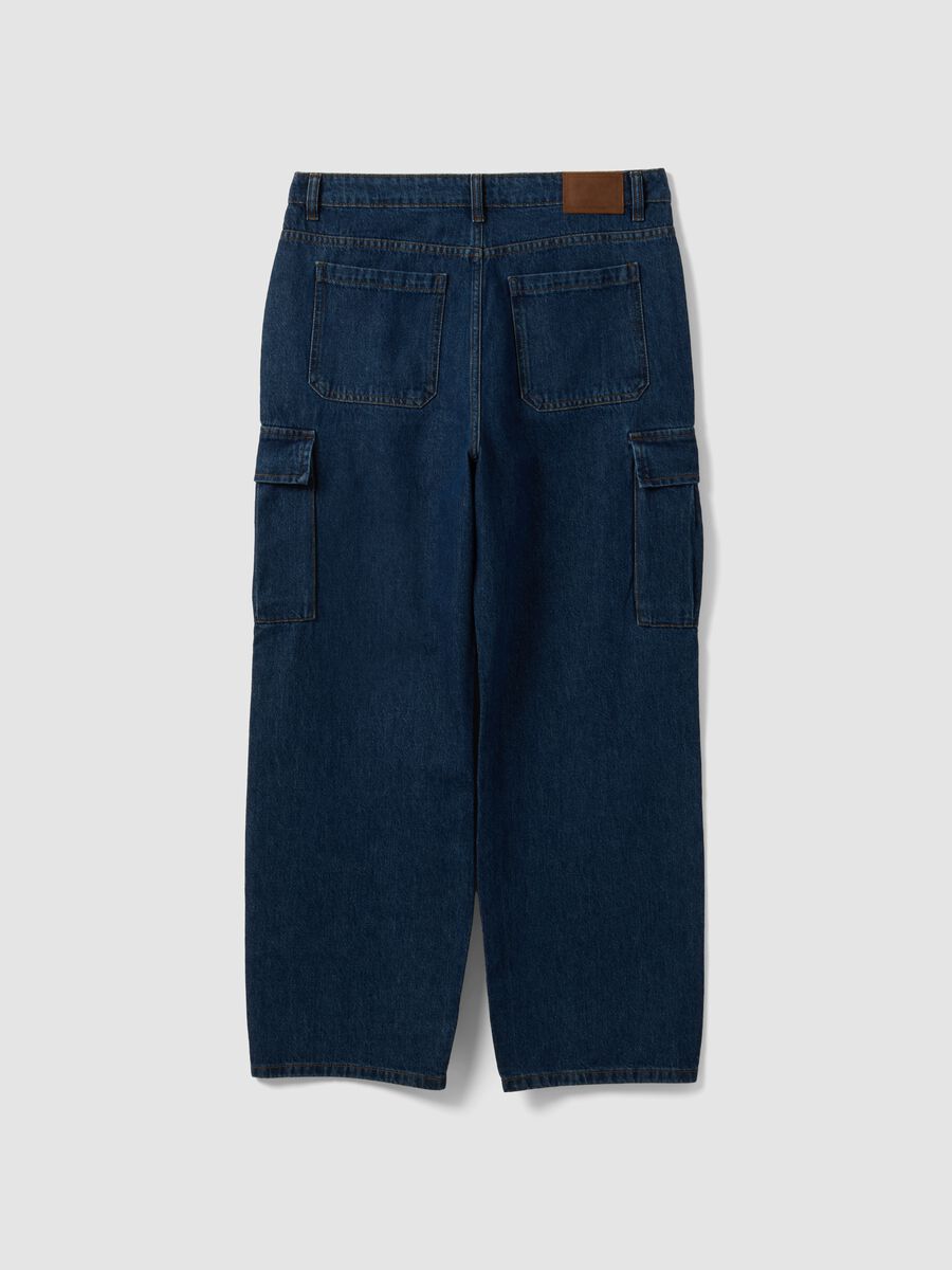 Dark blue pure cotton wide-leg cargo jeans_6