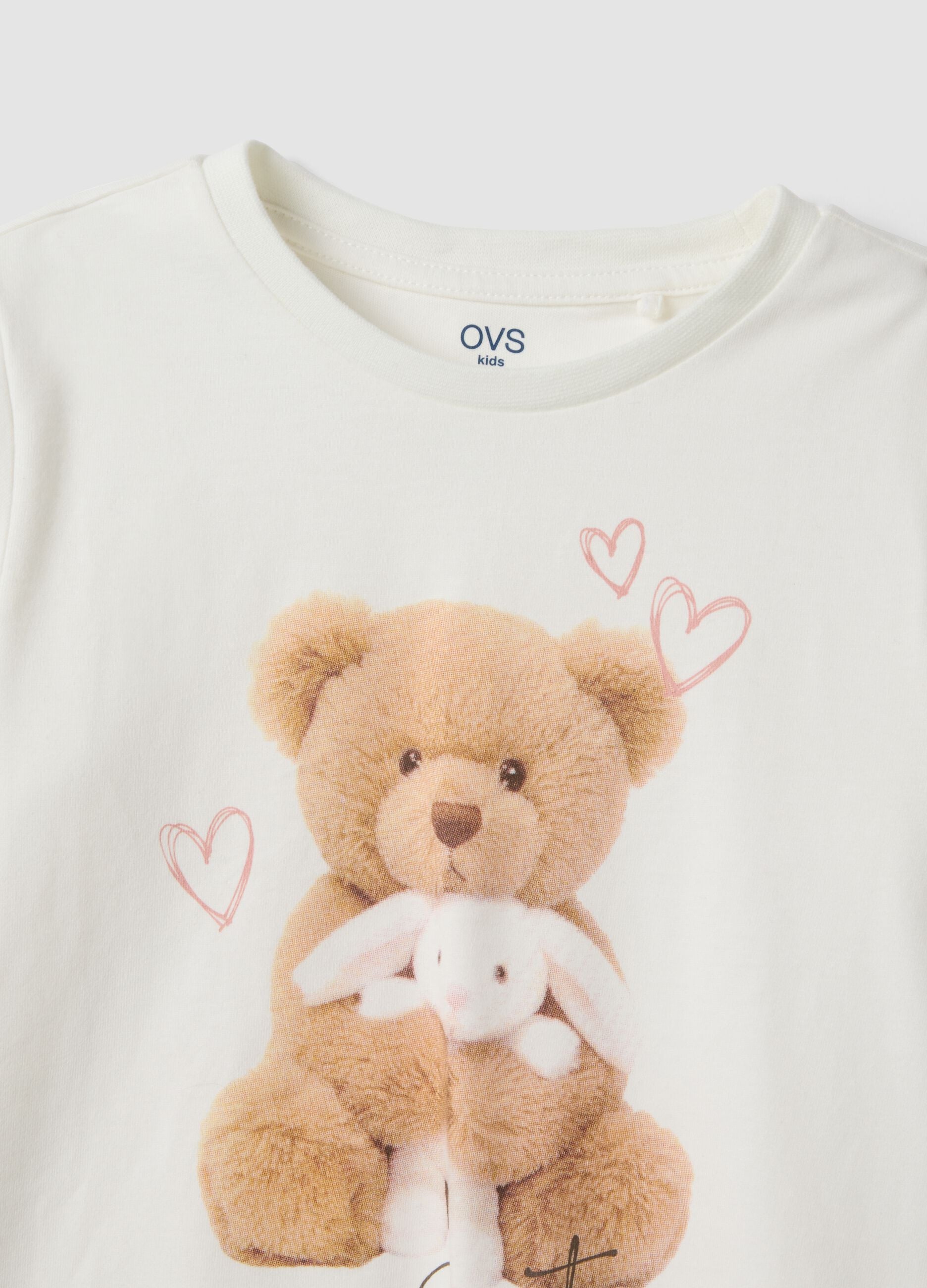 Pijama branco e rosa em algod&atilde;o org&acirc;nico puro com ursinho para menina