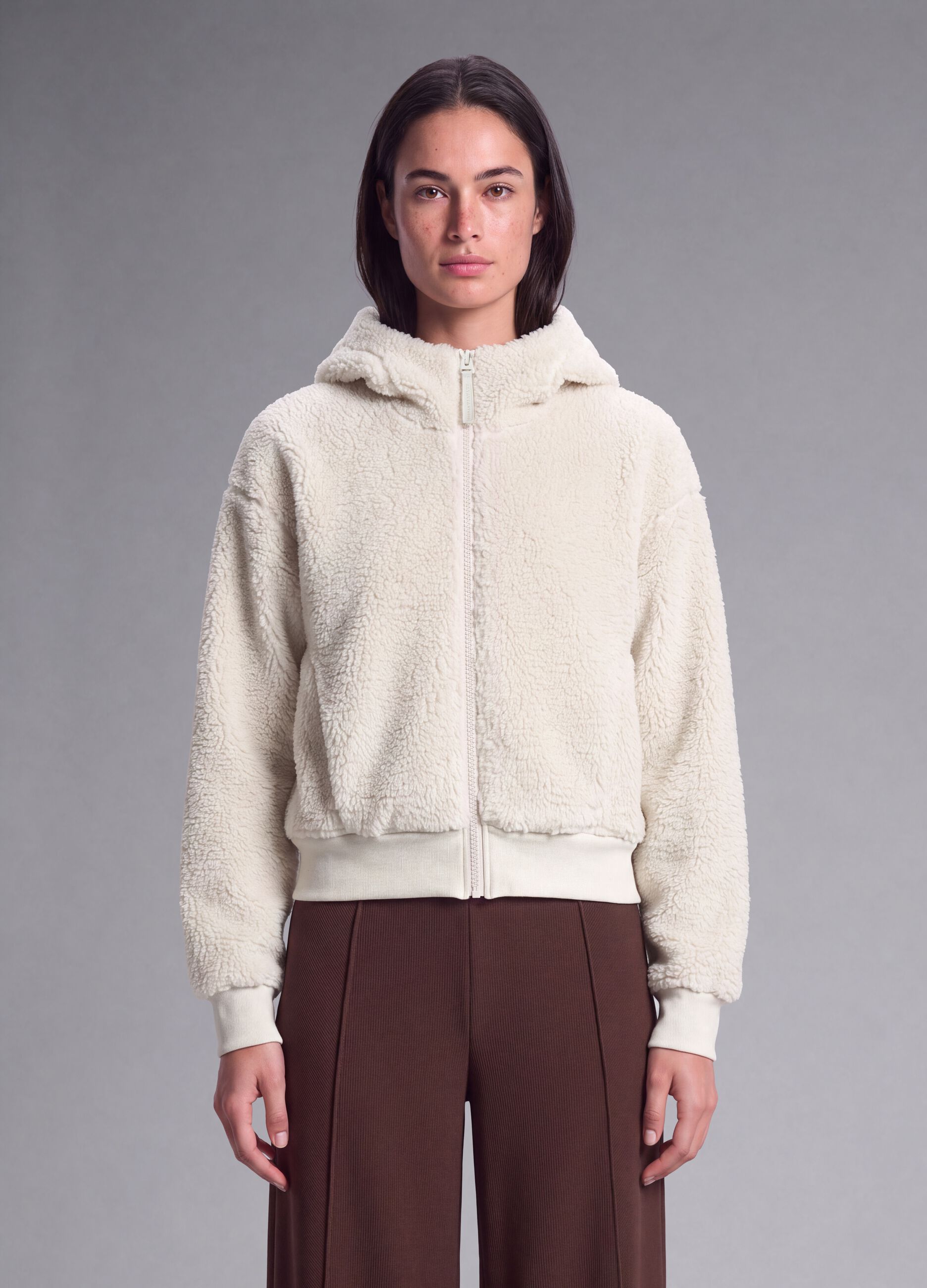 Beige crew-neck teddy-effect sweatshirt