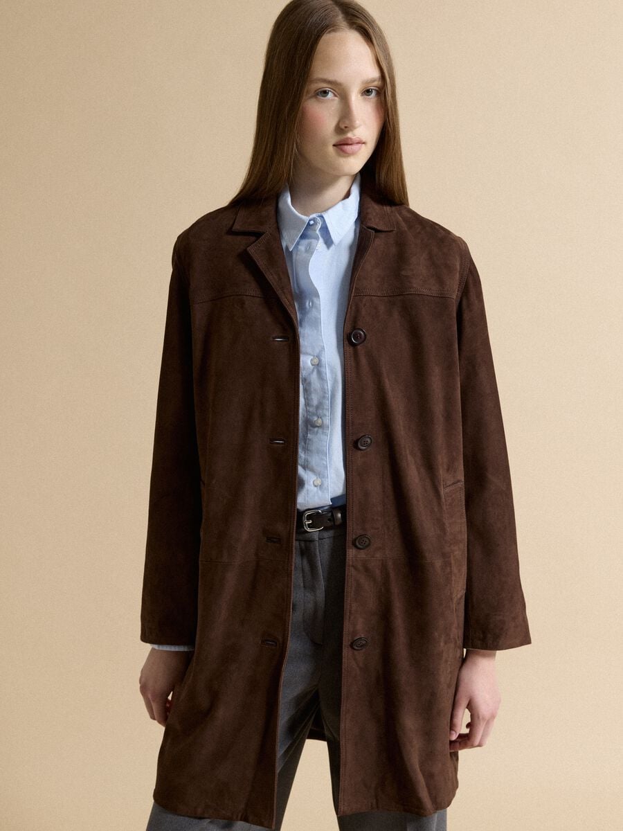 Long brown regular-fit genuine leather coat_0