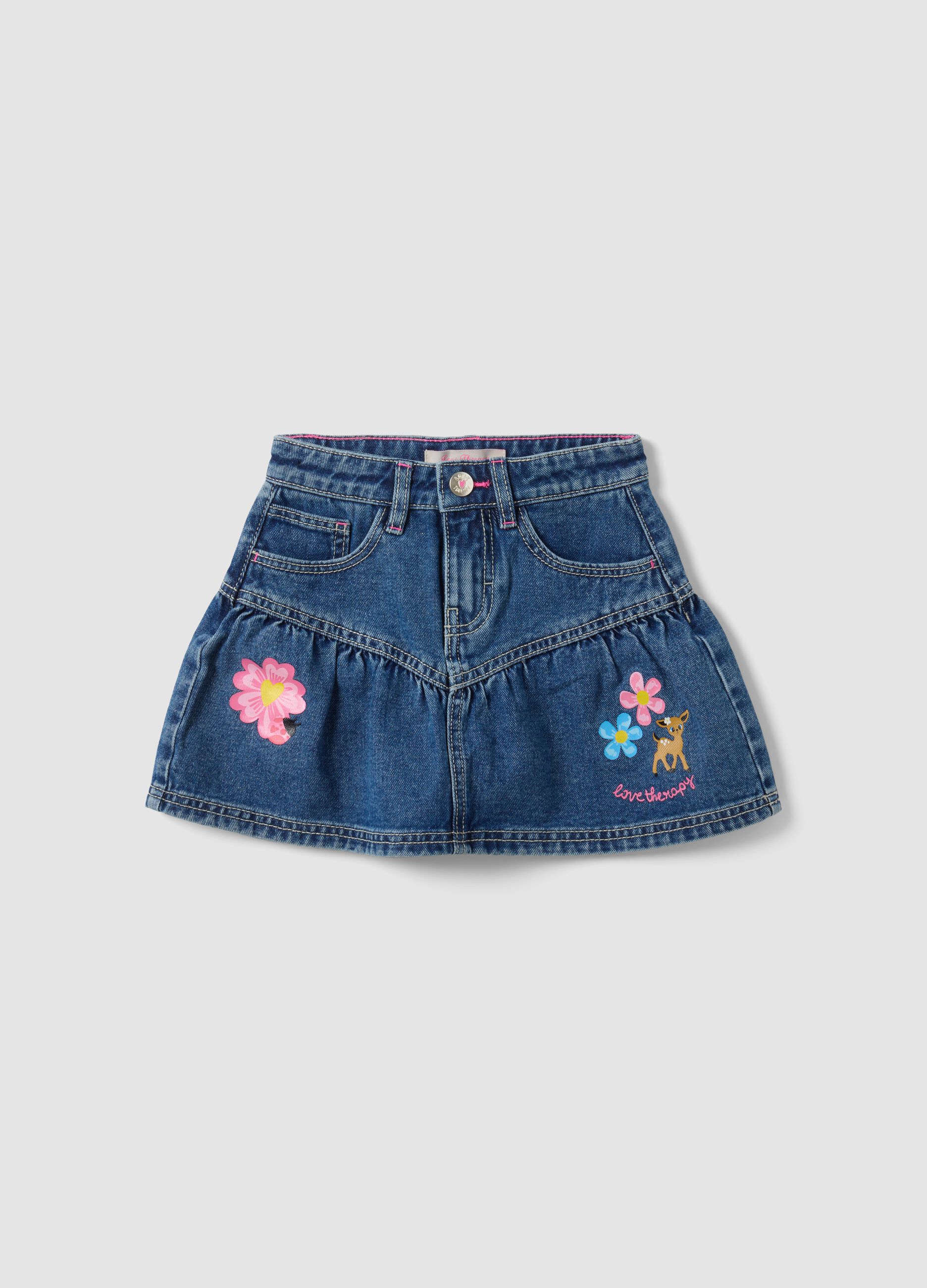 Gonna denim blu in puro cotone con ricami floreali per bambina