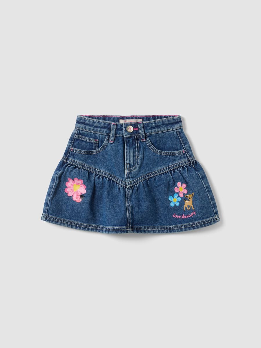 Gonna denim blu in puro cotone con ricami floreali per bambina_0
