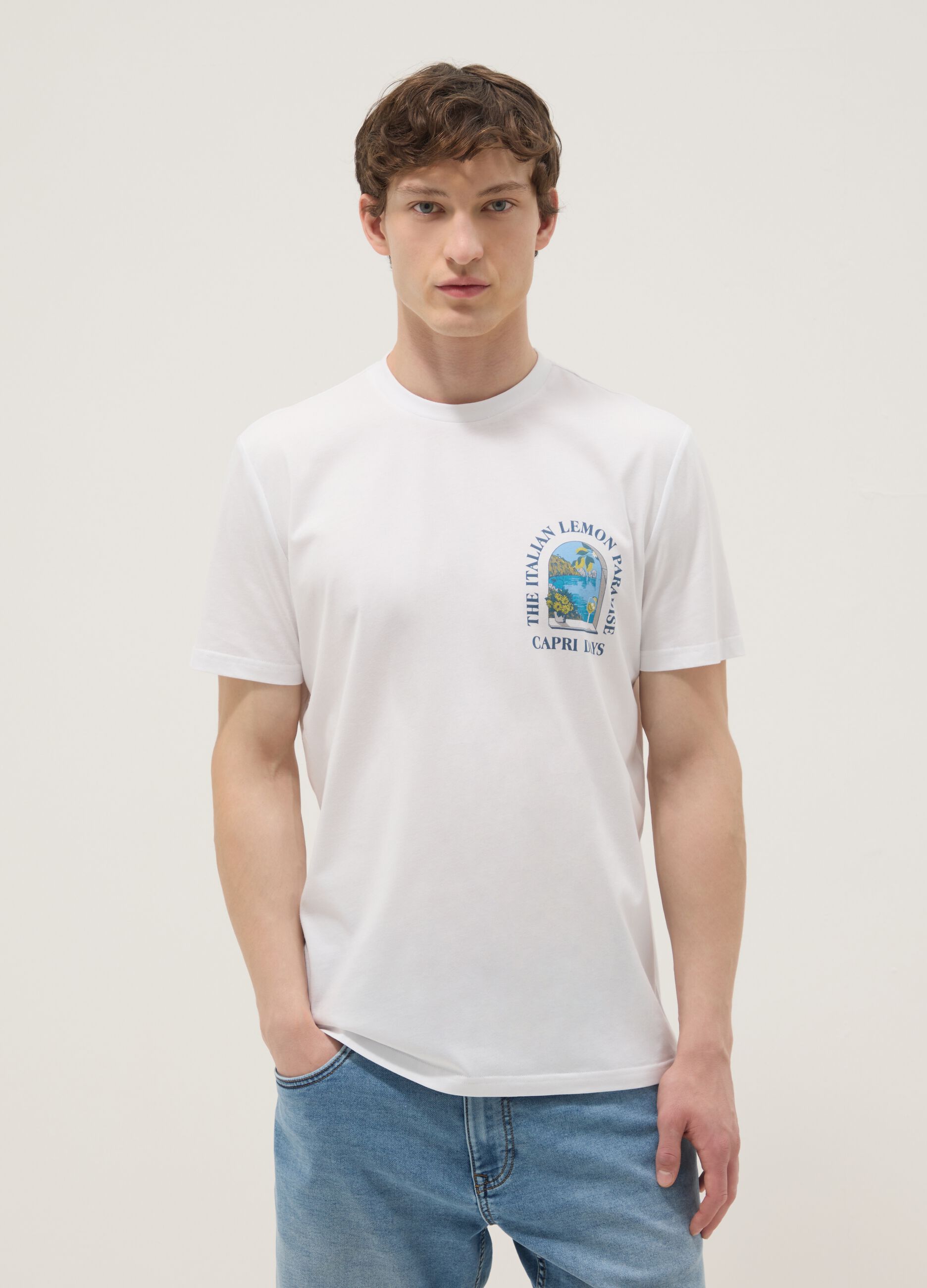 Wei&szlig;es T-Shirt aus reiner Baumwolle mit Print, Regular Fit