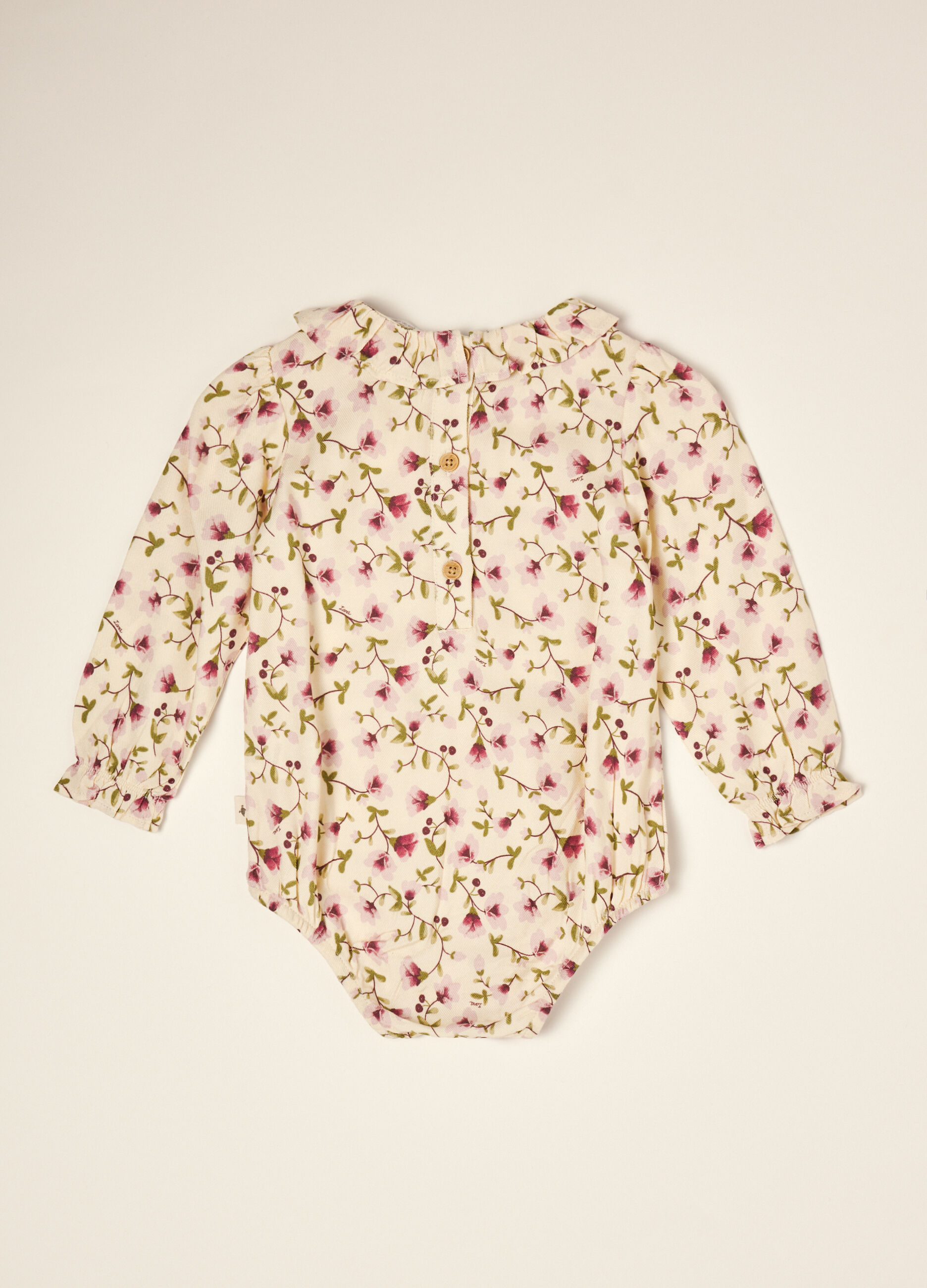 Beige floral pure viscose baby bodysuit with round neck