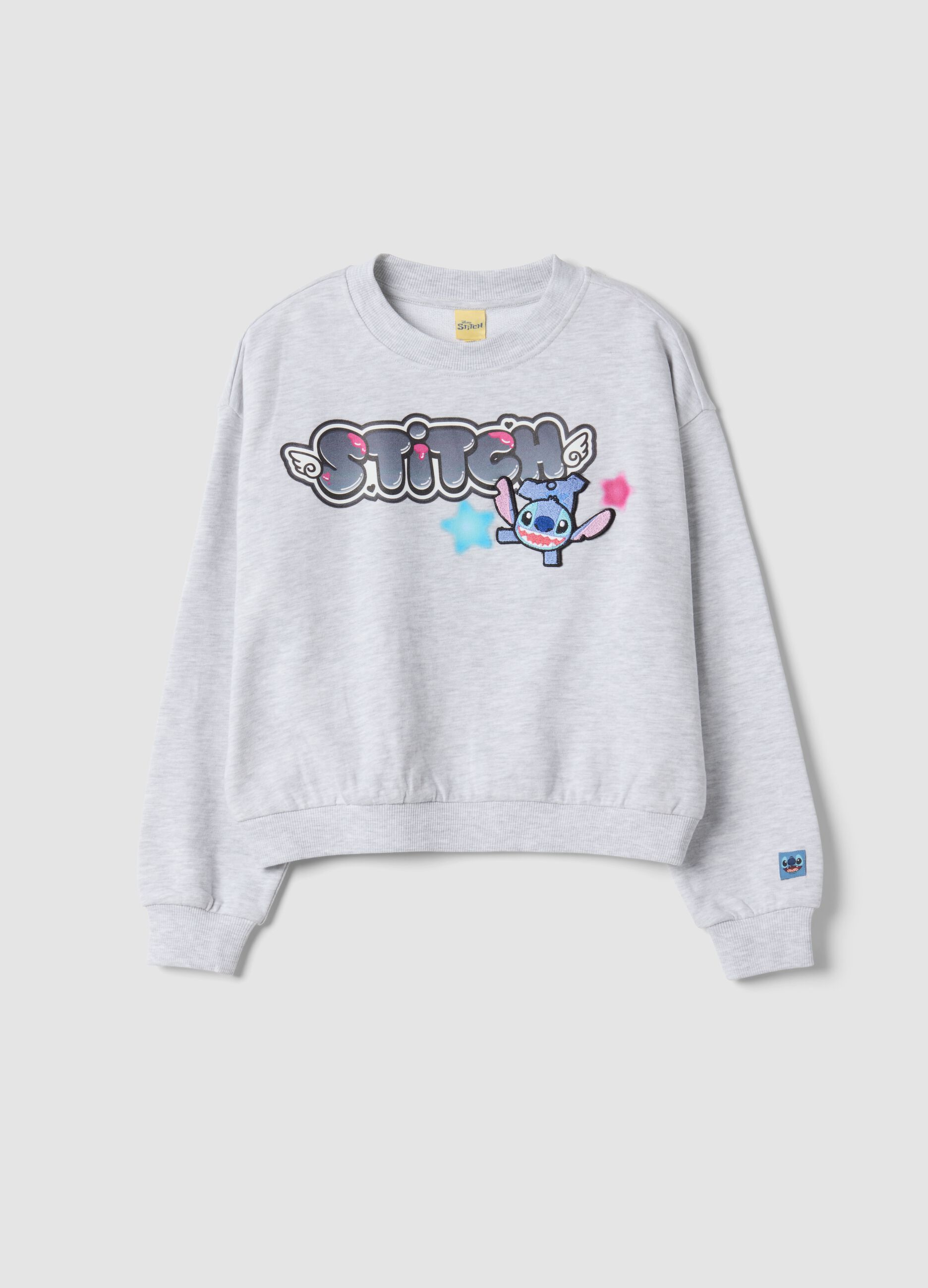 Sweatshirt cinzenta em mistura de algod&atilde;o com gola canelada e estampado Lilo & Stitch