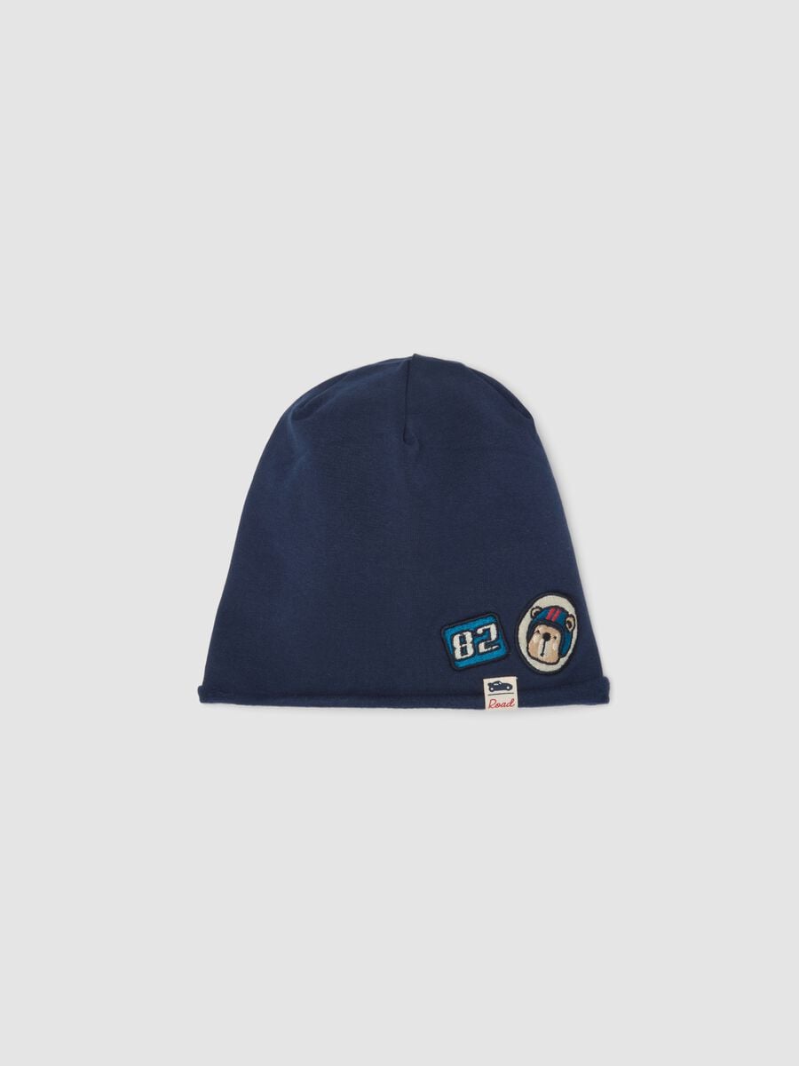 Blue organic stretch cotton jersey hat with appliqu&eacute;s_0