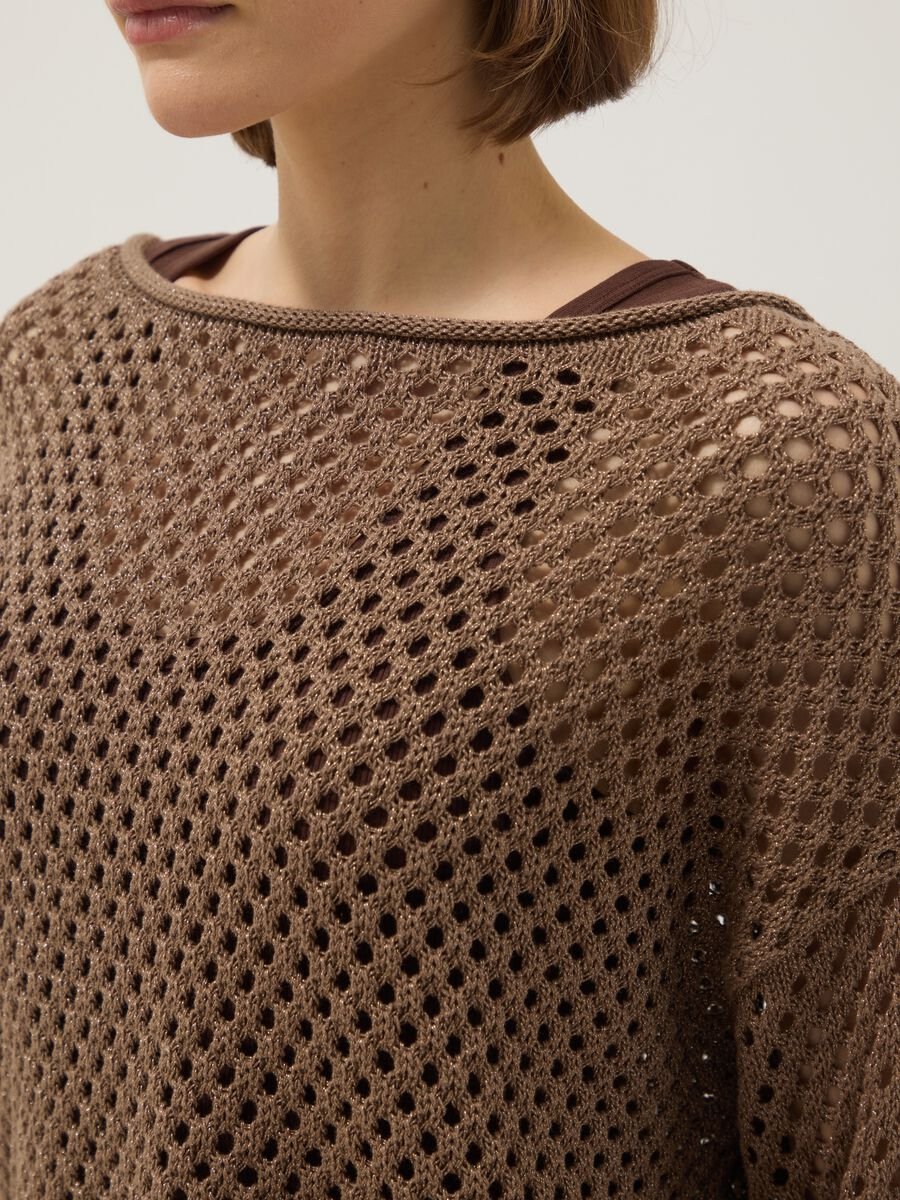 Brown cotton-blend oversized fit net texture jumper_3