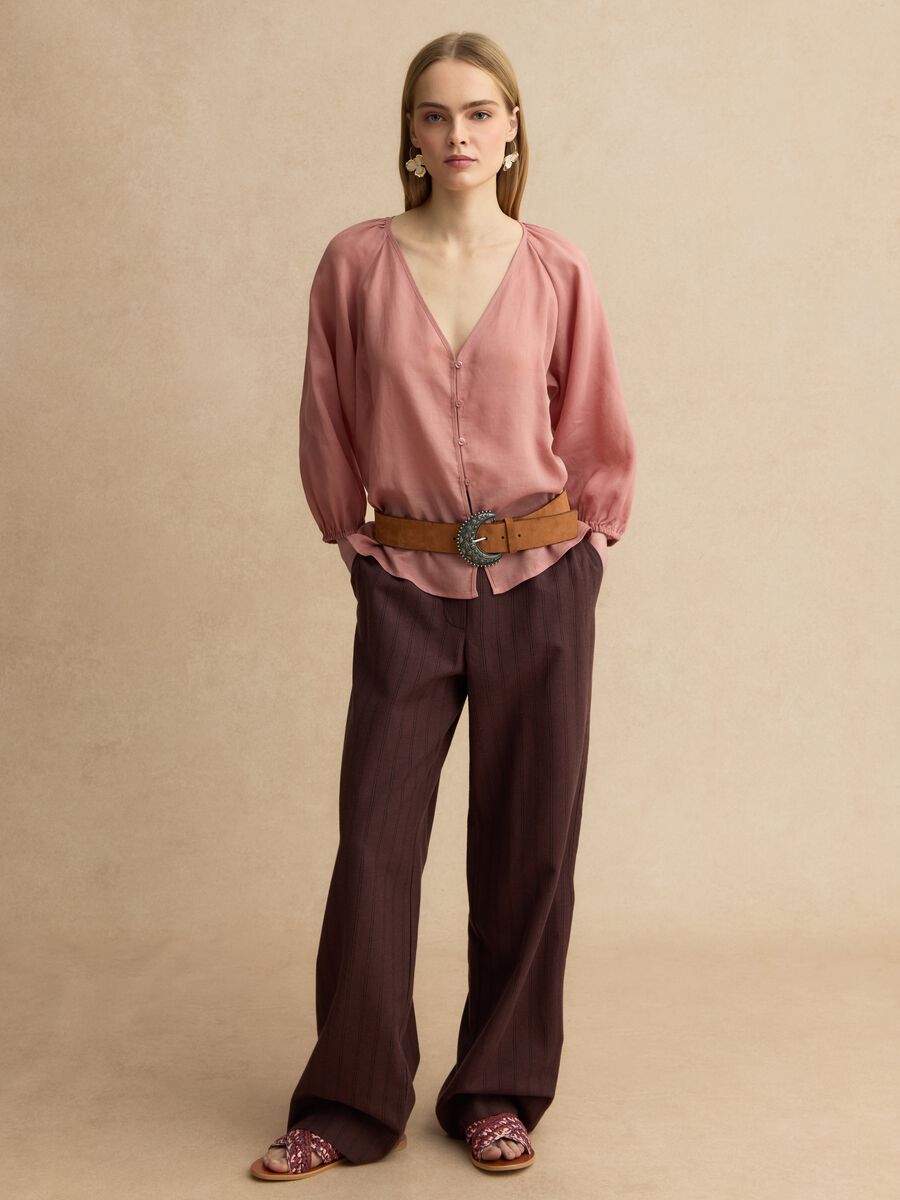 Camisa rosa em mistura de rami e lyocell com decote em V, corte regular_2