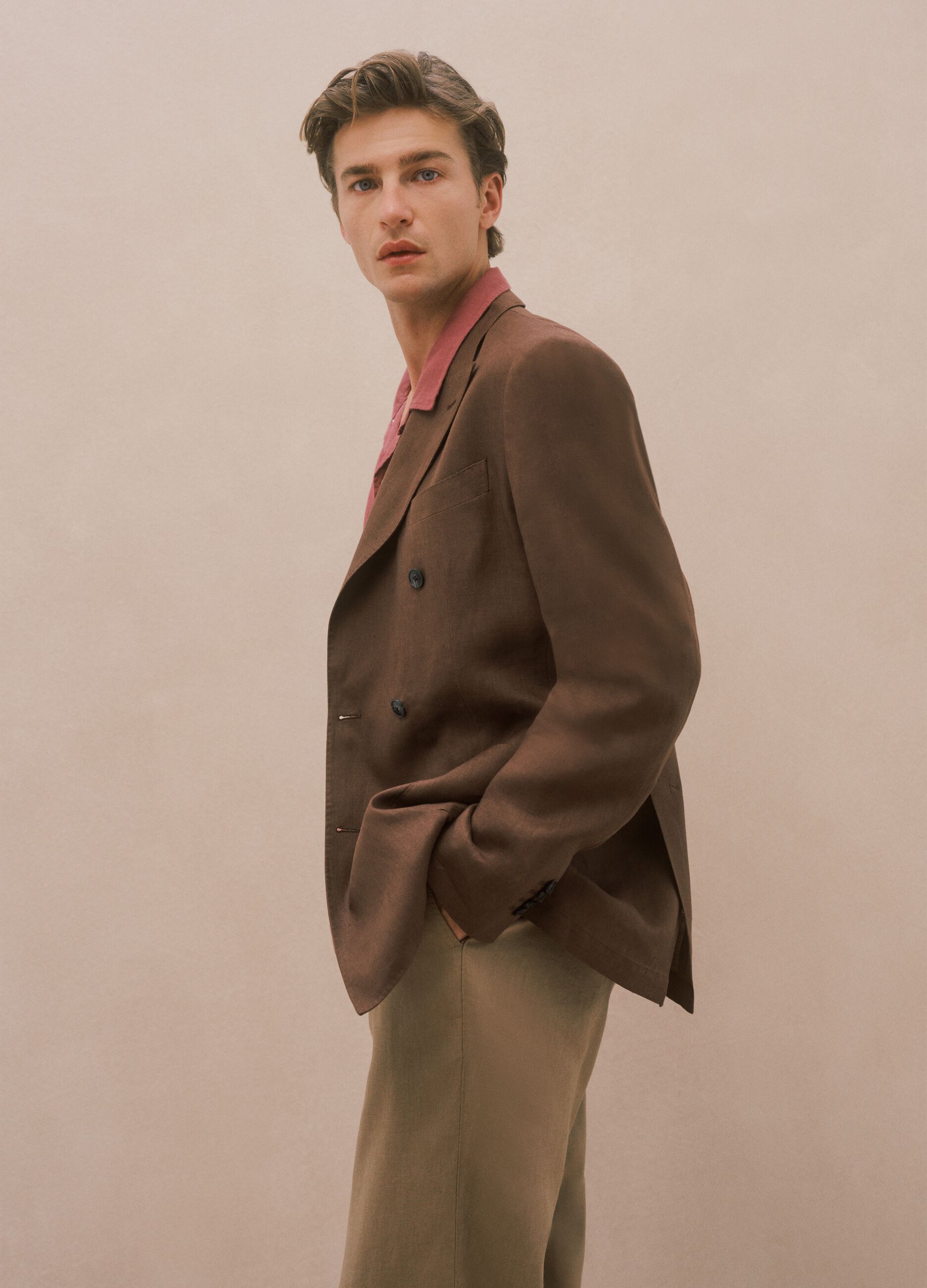 Brown Pure Linen Regular Fit Blazer