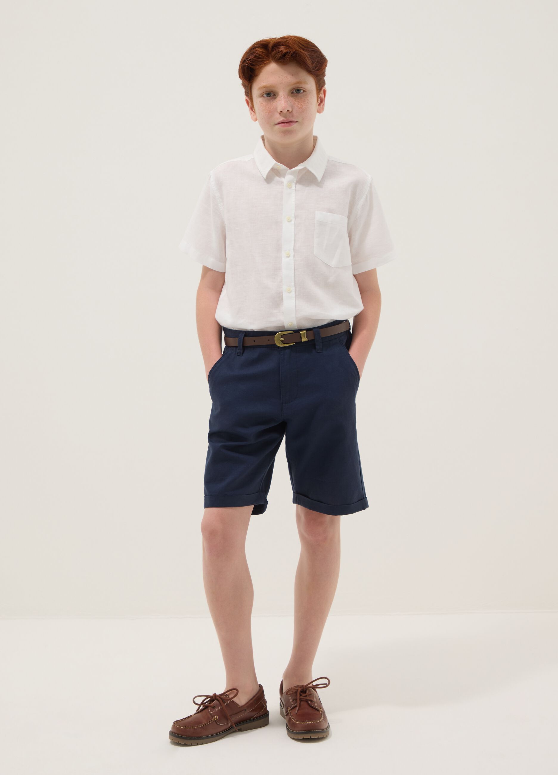OVS KIDS Teen Boy's Boys' blue linen and cotton blend regular-fit shorts |  OVS