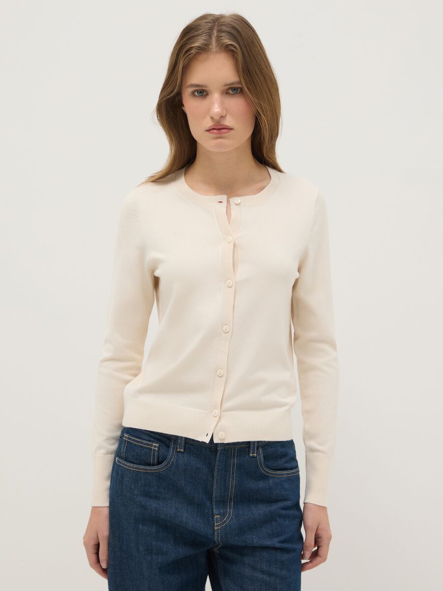 Beige Crew Neck Cardigan Regular Fit_0