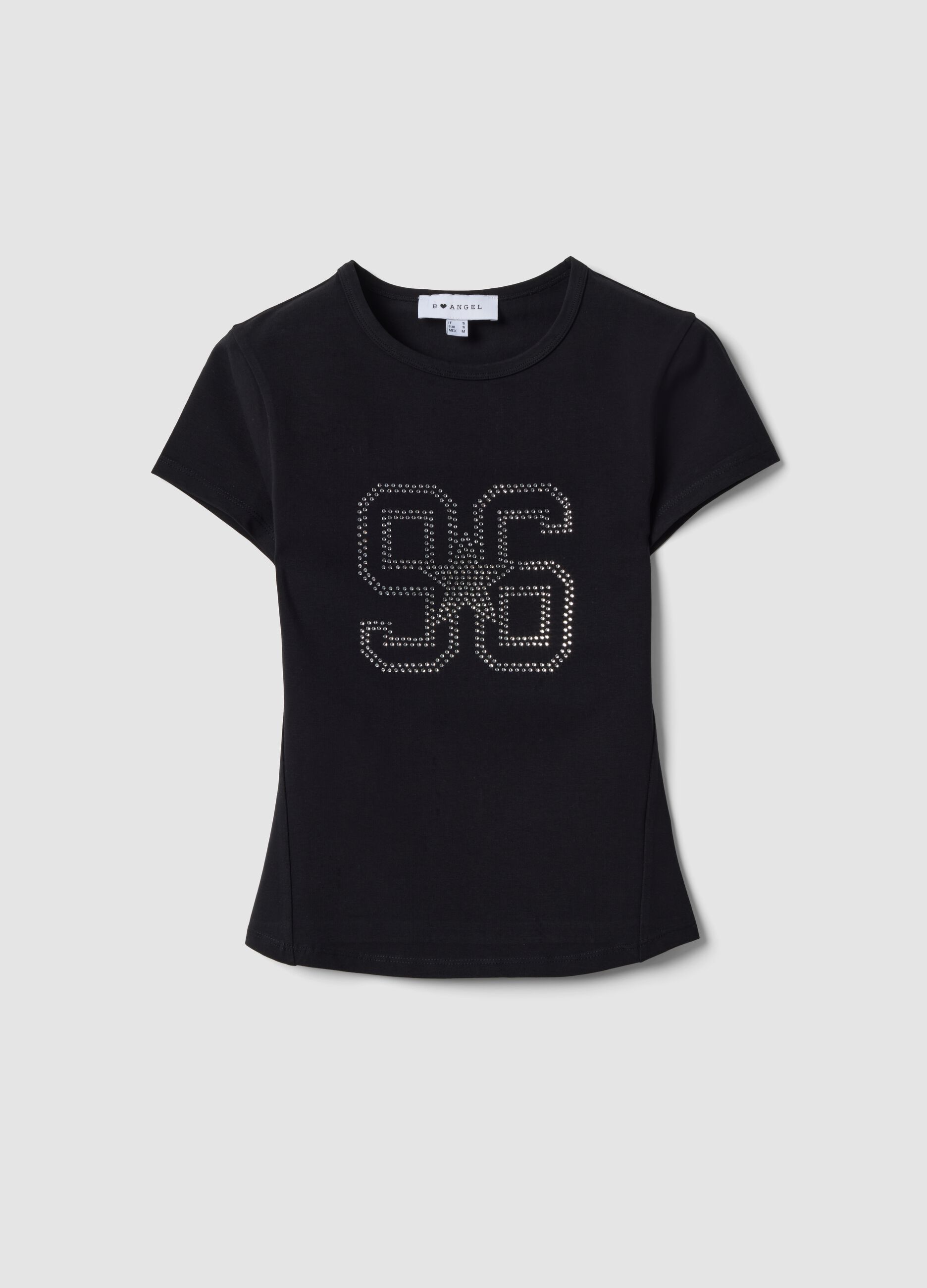Black fitted stretch-cotton T-shirt with rhinestone embellishment