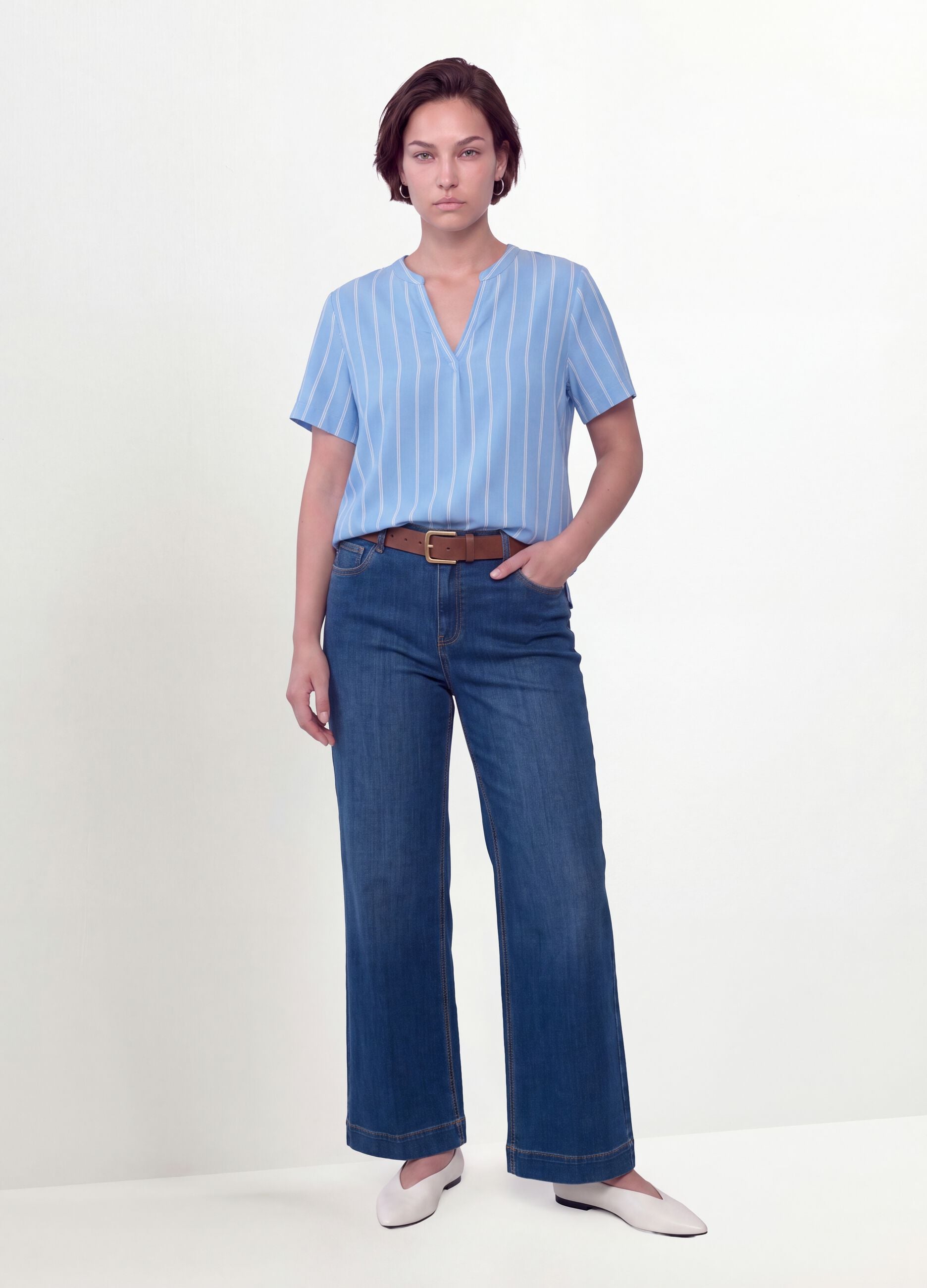 Blue striped pure viscose blouse with Mandarin collar, regular fit