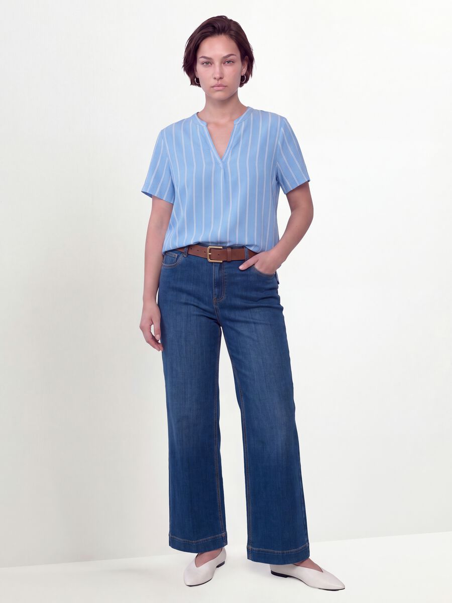 Blue striped pure viscose blouse with Mandarin collar, regular fit_1