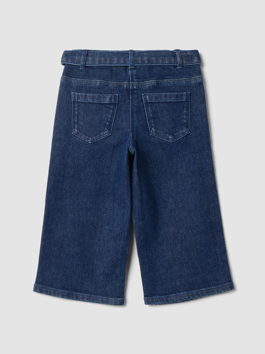 Jeans blu in cotone elasticizzato wide leg con cintura_1