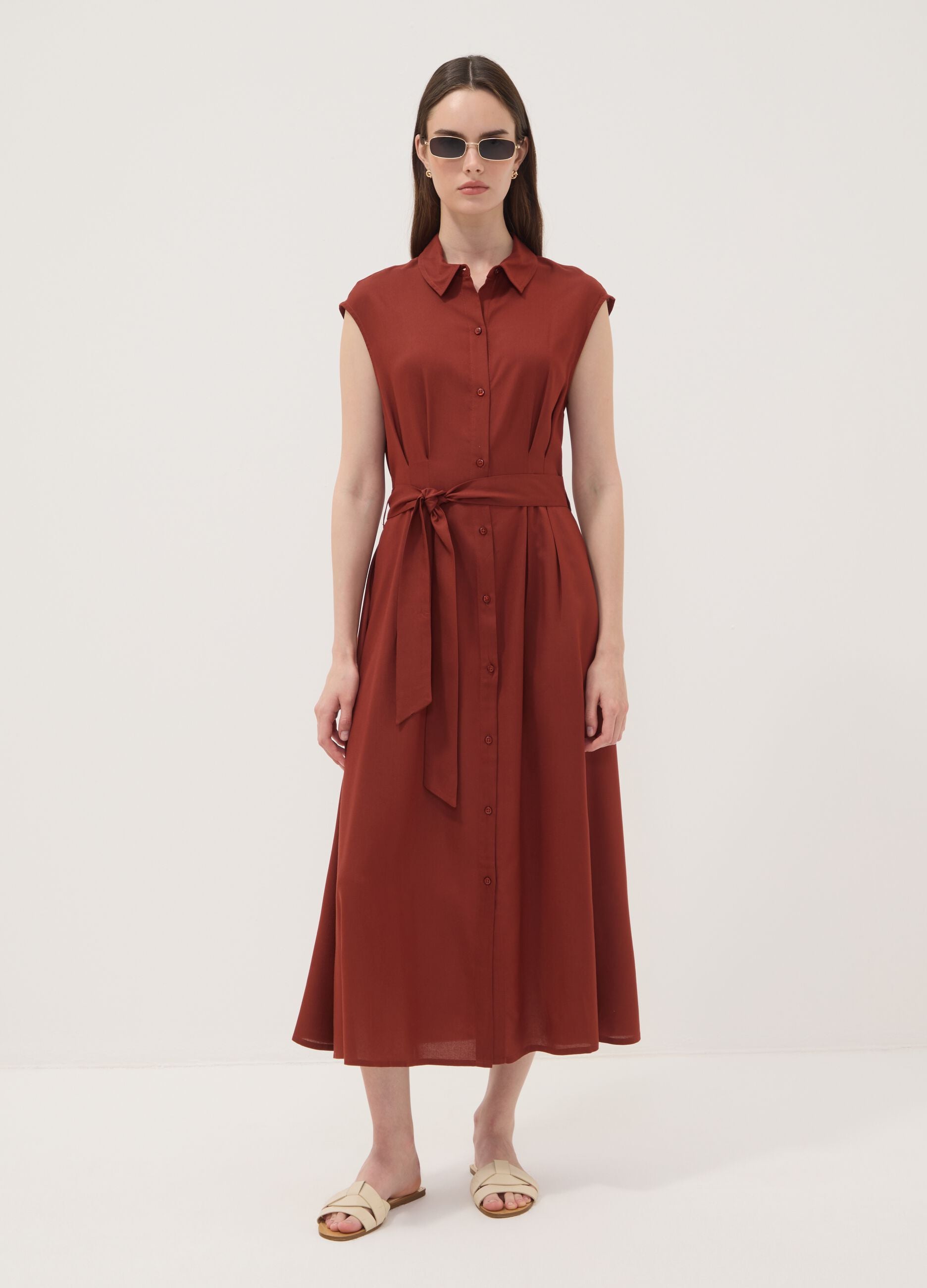 Red midi dress in pure viscose with tie belt, regular fit