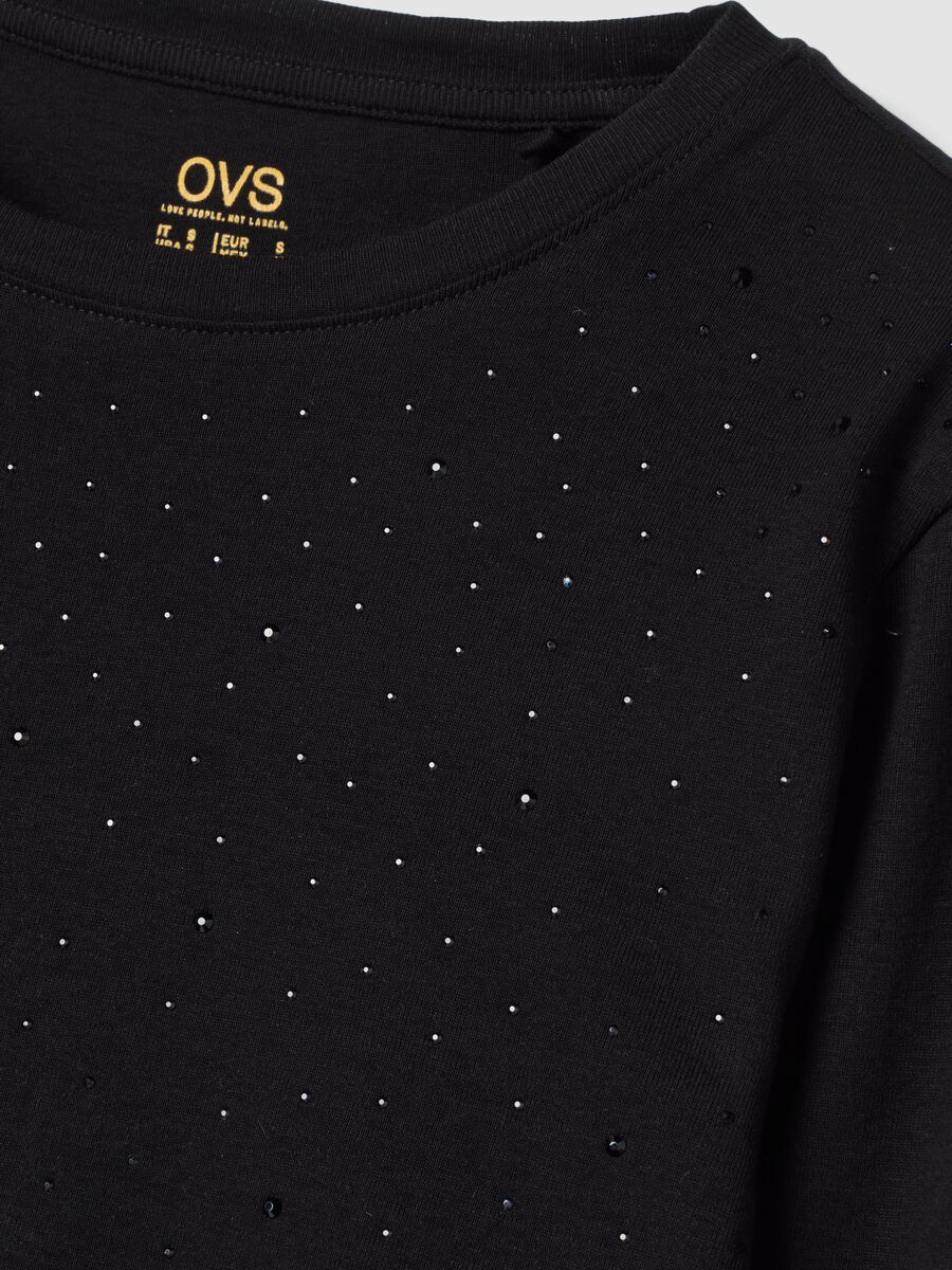 Black crew-neck pure cotton T-shirt with rhinestones, regular fit_1