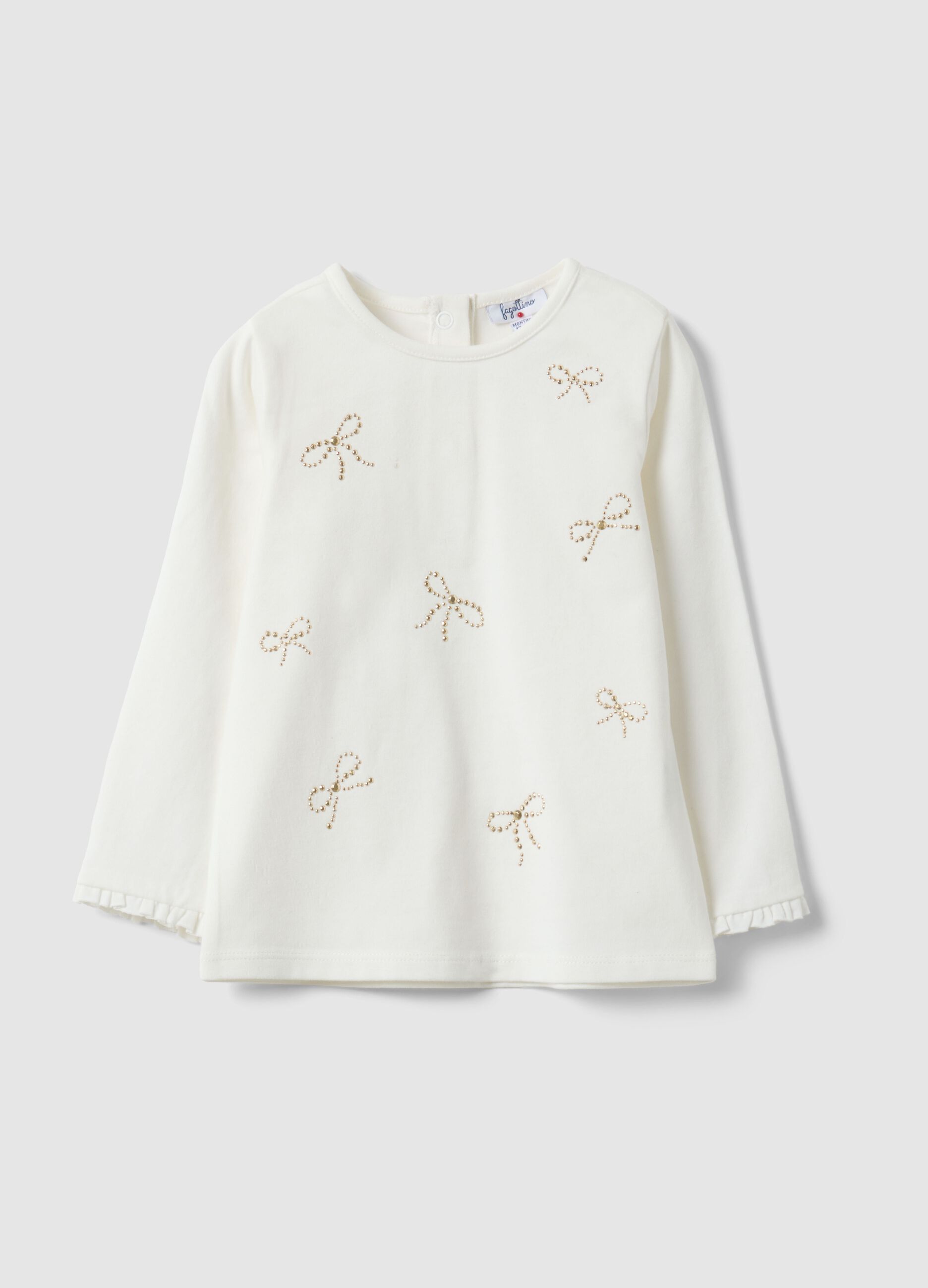 Maglietta bianca in cotone elasticizzato con fiocchetti da bimba