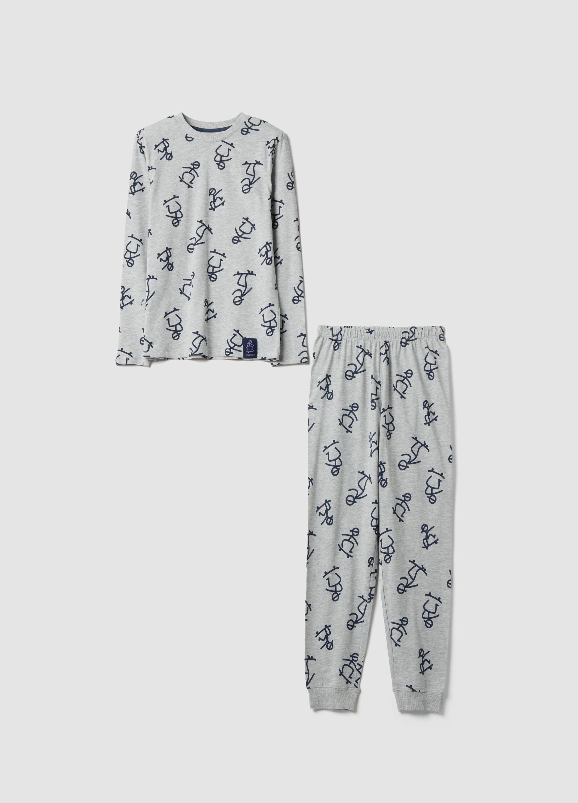 Pigiama grigio in misto cotone organico con stampa all over per bambino e ragazzo