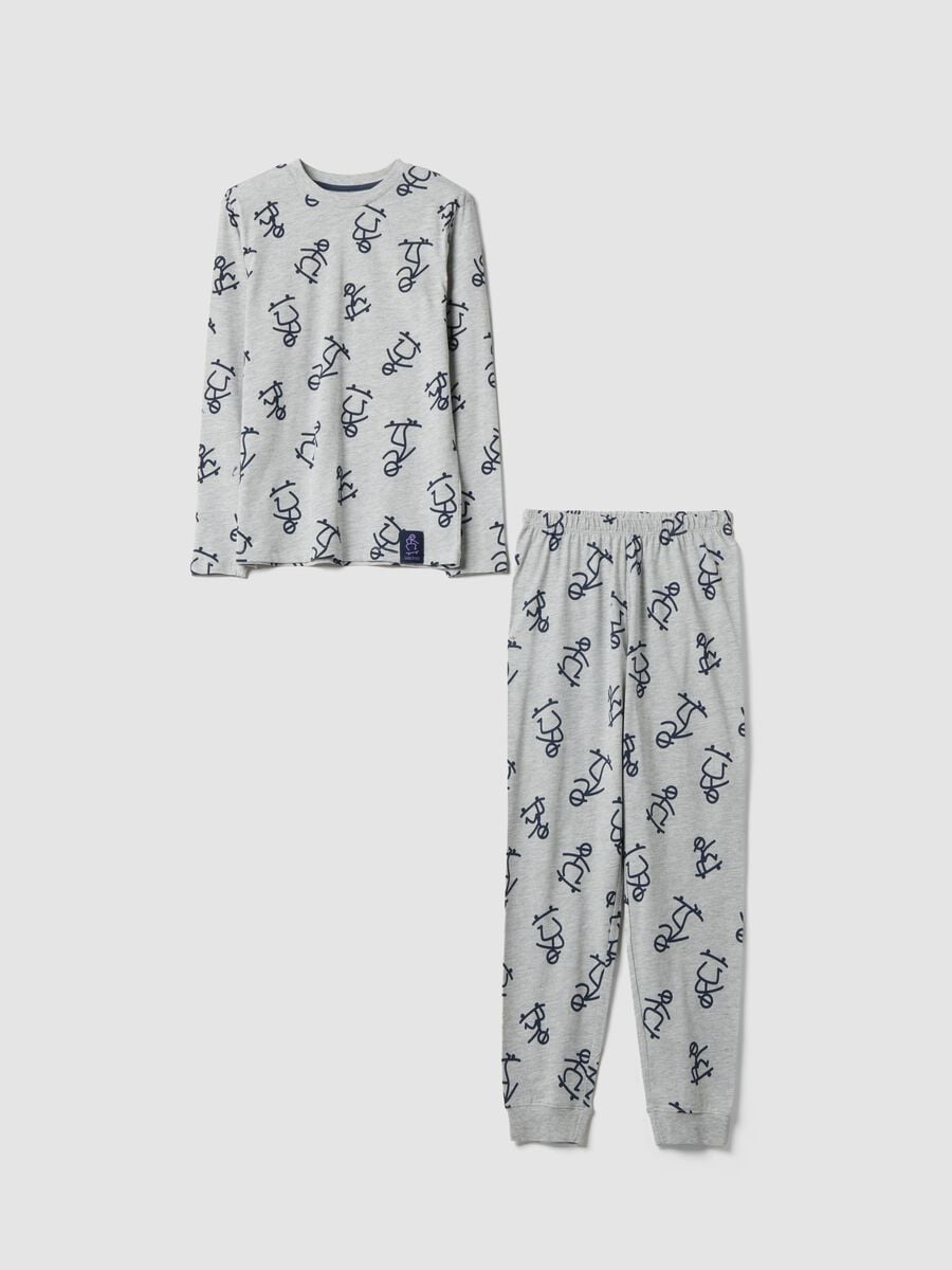 Pigiama grigio in misto cotone organico con stampa all over per bambino e ragazzo_0