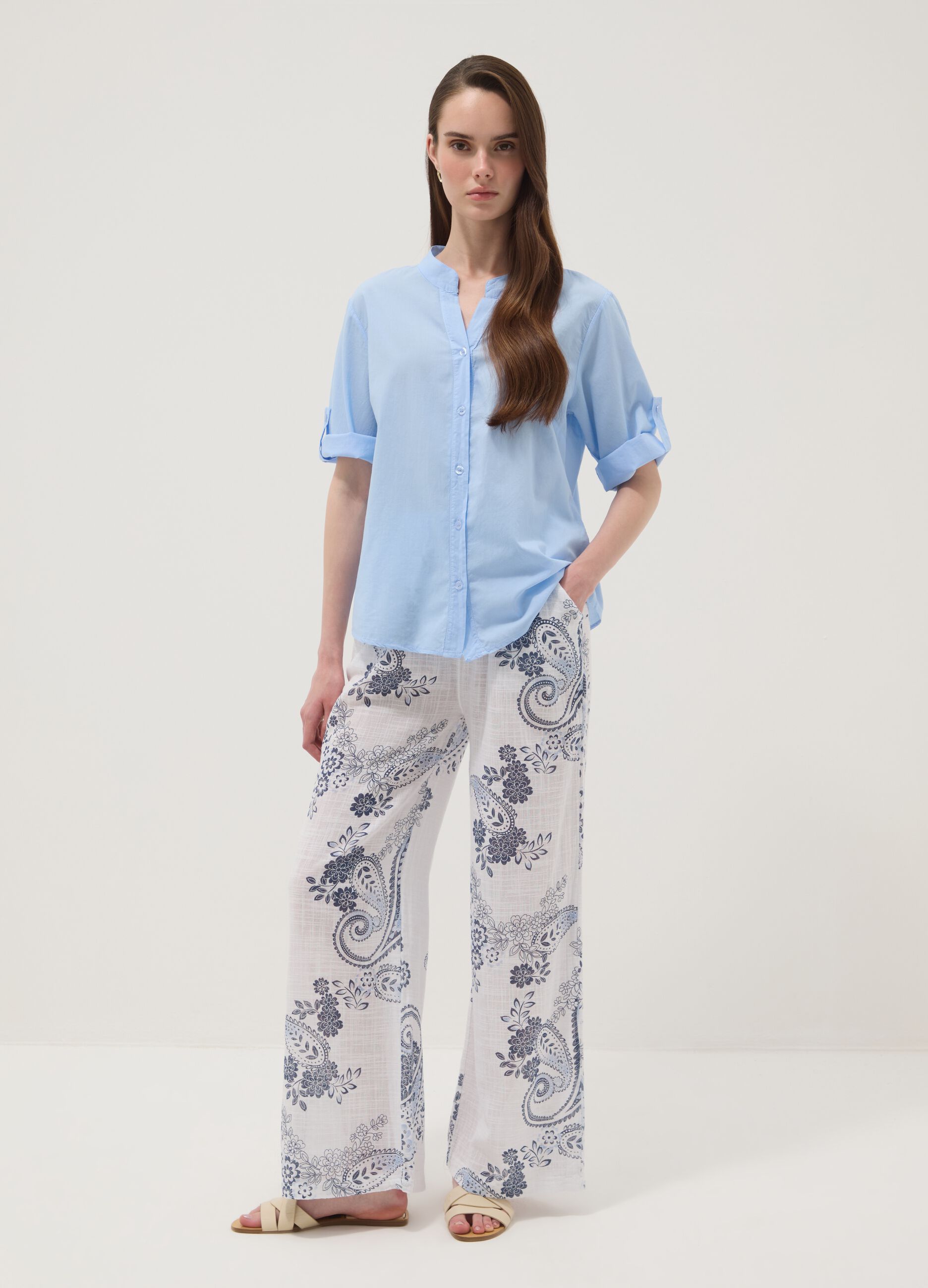 Sky-blue pure cotton shirt with eyelet embroidery, regular fit