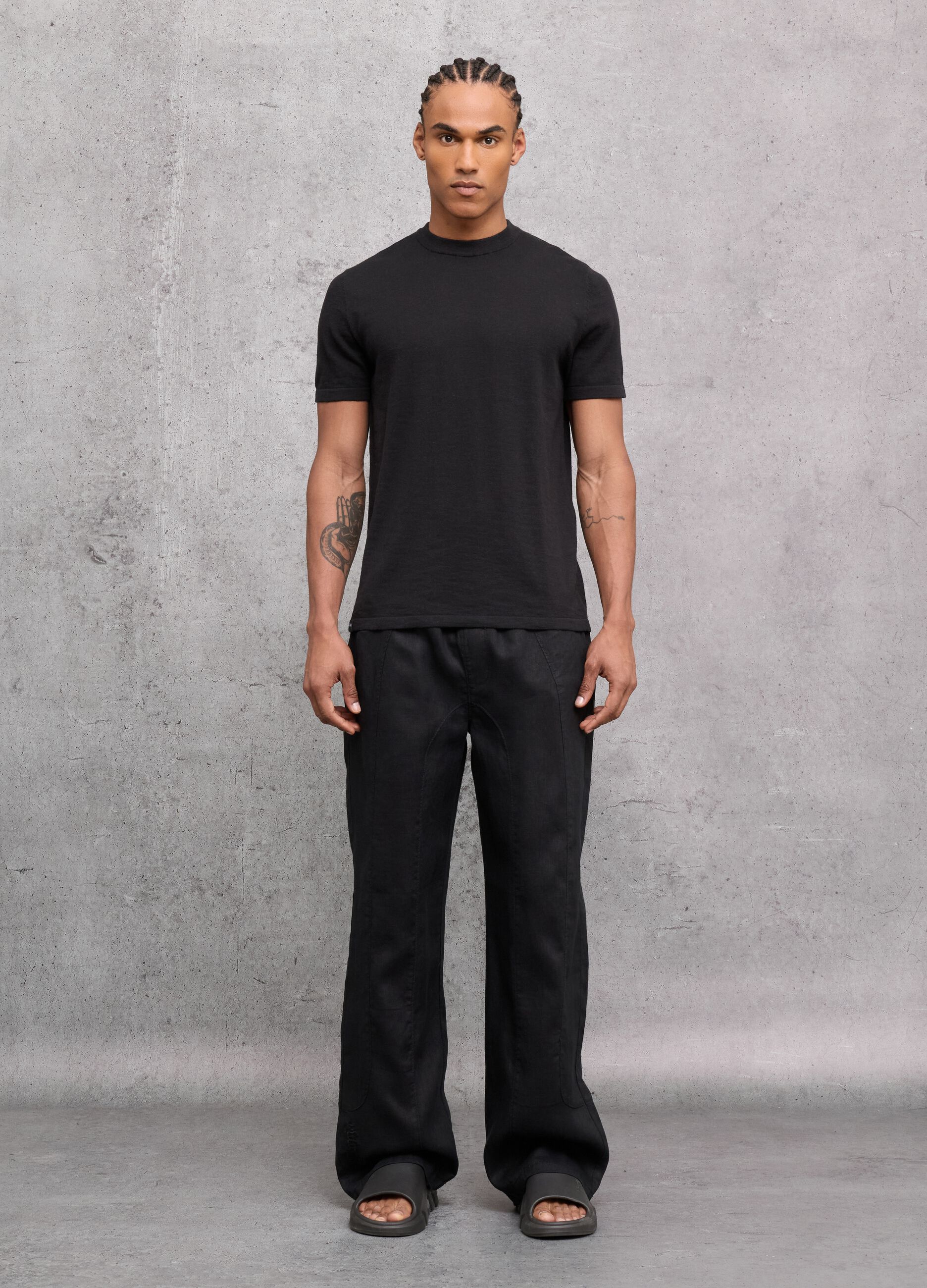 100% Linen Wide-Leg Trousers Black