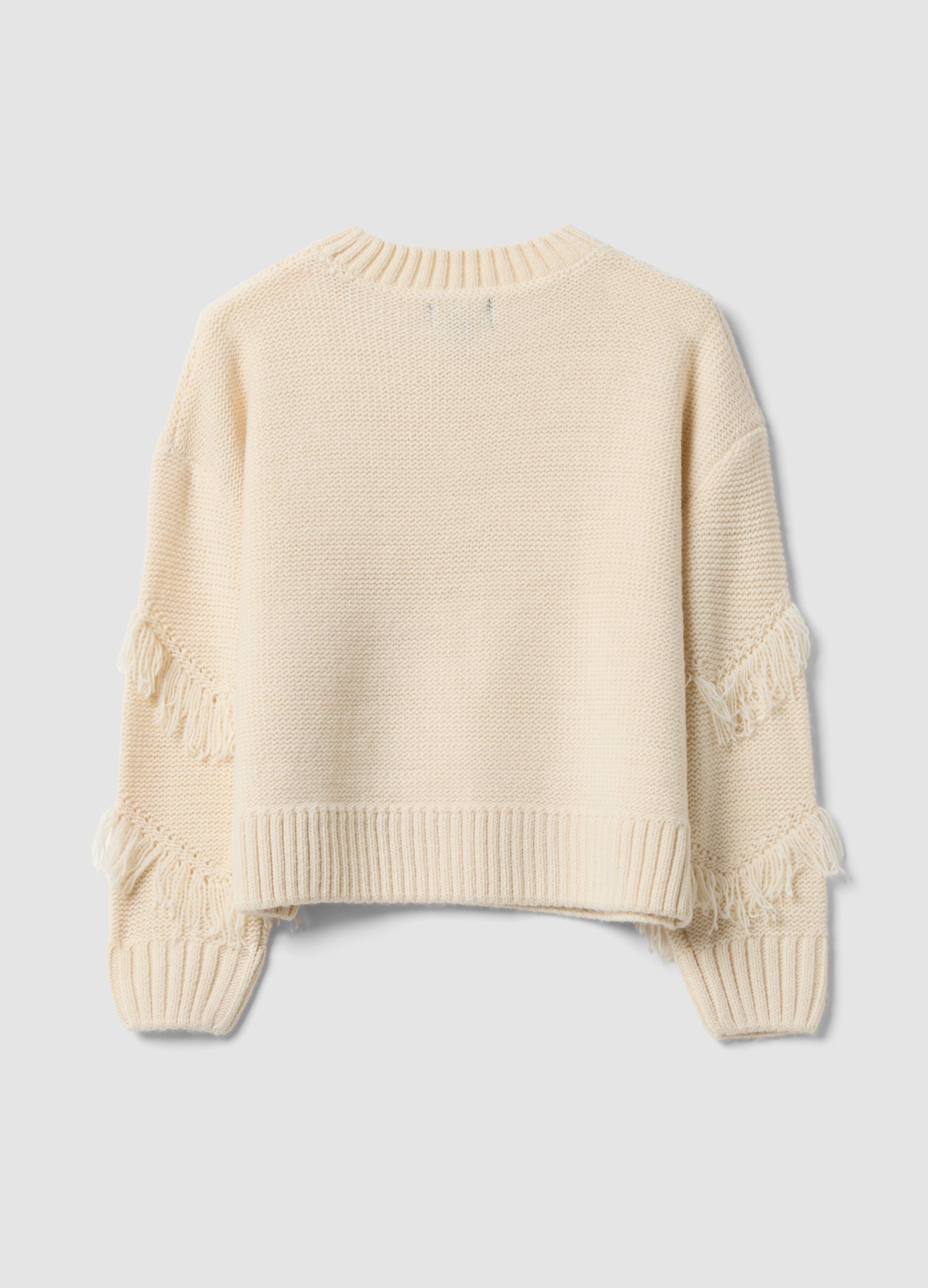 Beiger Strickpullover mit Fransen und Rundhalsausschnitt f&uuml;r M&auml;dchen