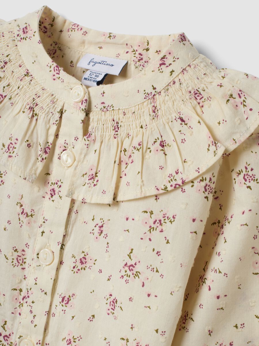 Camicia crema in puro cotone con stampa floreale rosa chiaro e verde oliva_2