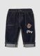 Blue stretch-cotton denim trousers with teddy bear embroidery for baby_0