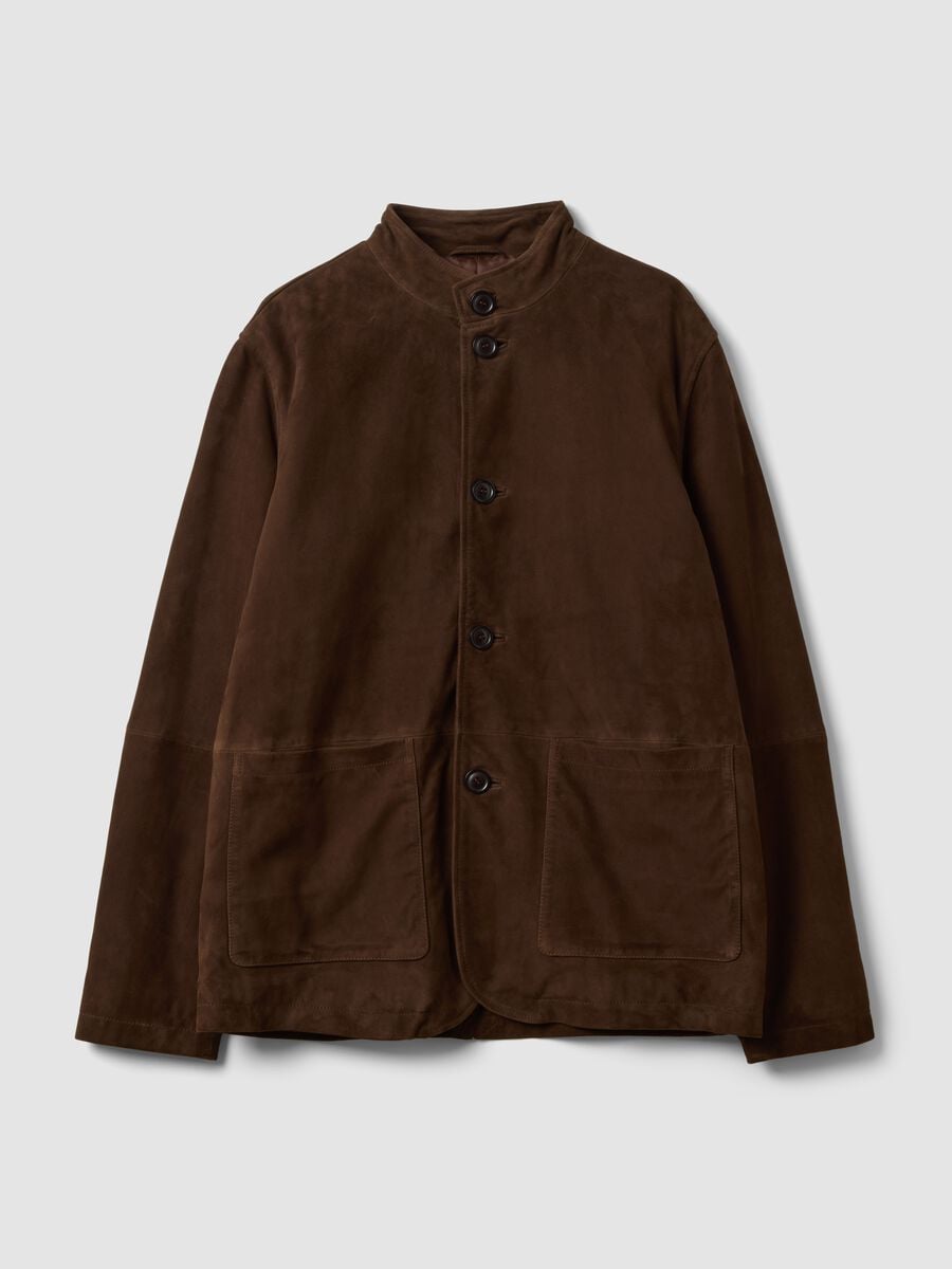 Brown padded genuine leather shacket with high collar, regular fit_0