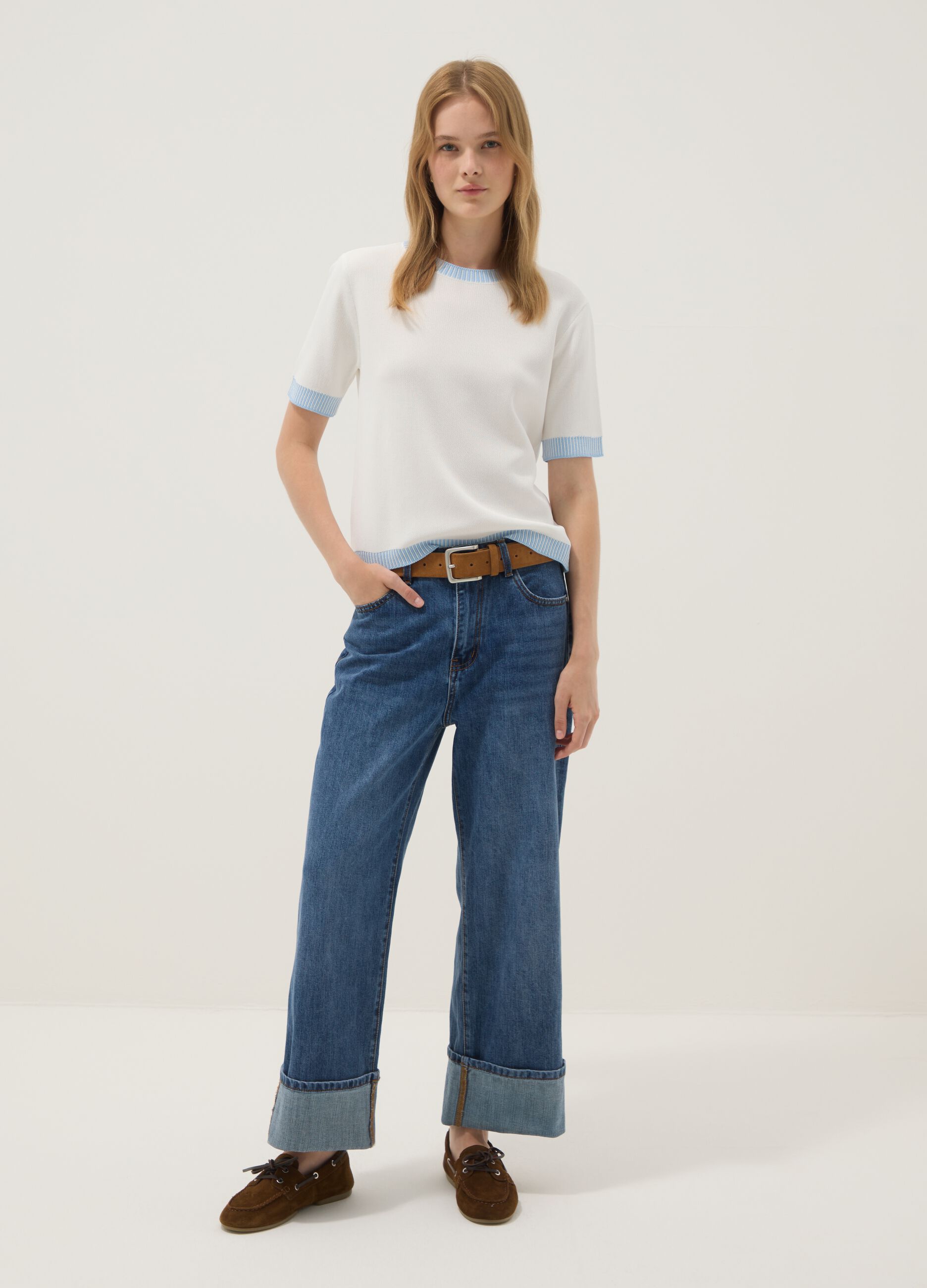 White viscose-blend T-shirt with light-blue trims